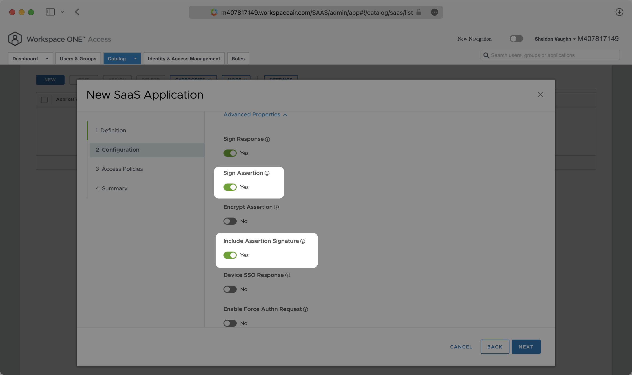 A screenshot showing where to enable "Sign Assertion" and "Include Assertion Signature" in VMware application.