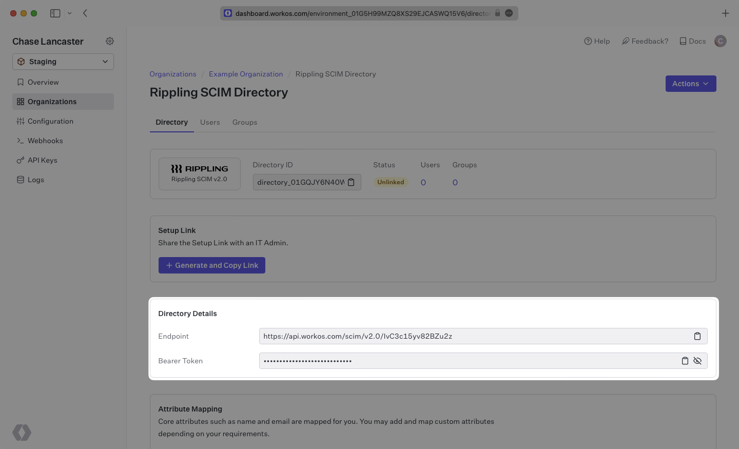 A screenshot showing where to locate the Rippling directory details in the WorkOS dashboard.