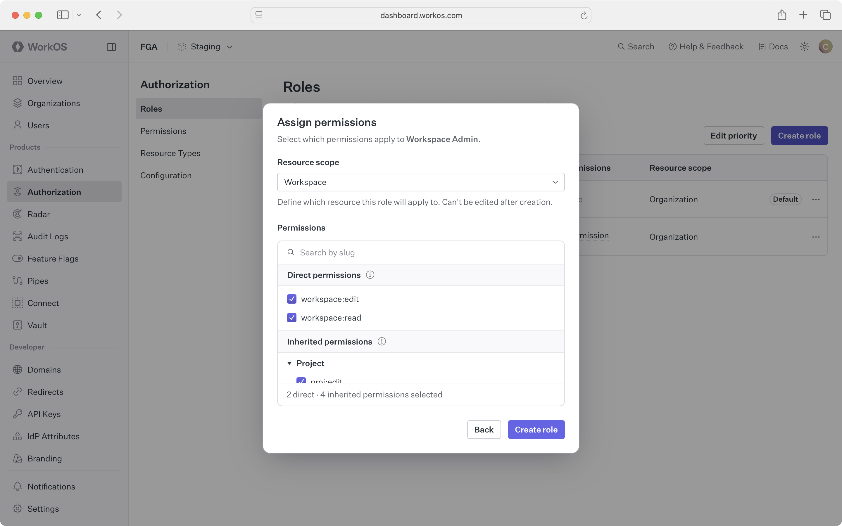 FGA create role assign permissions