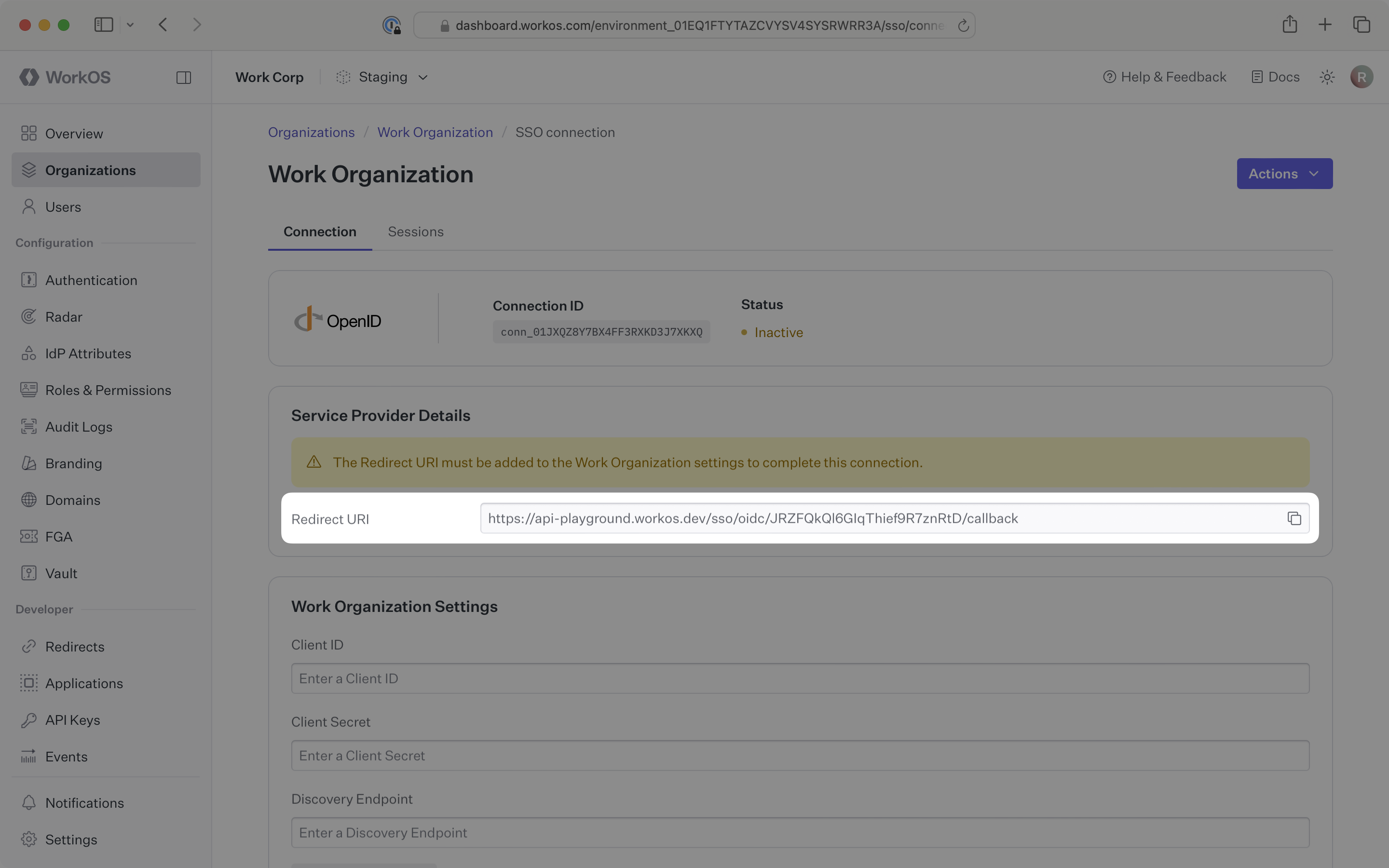 The Redirect URI of a OIDC connection in the WorkOS Dashboard.