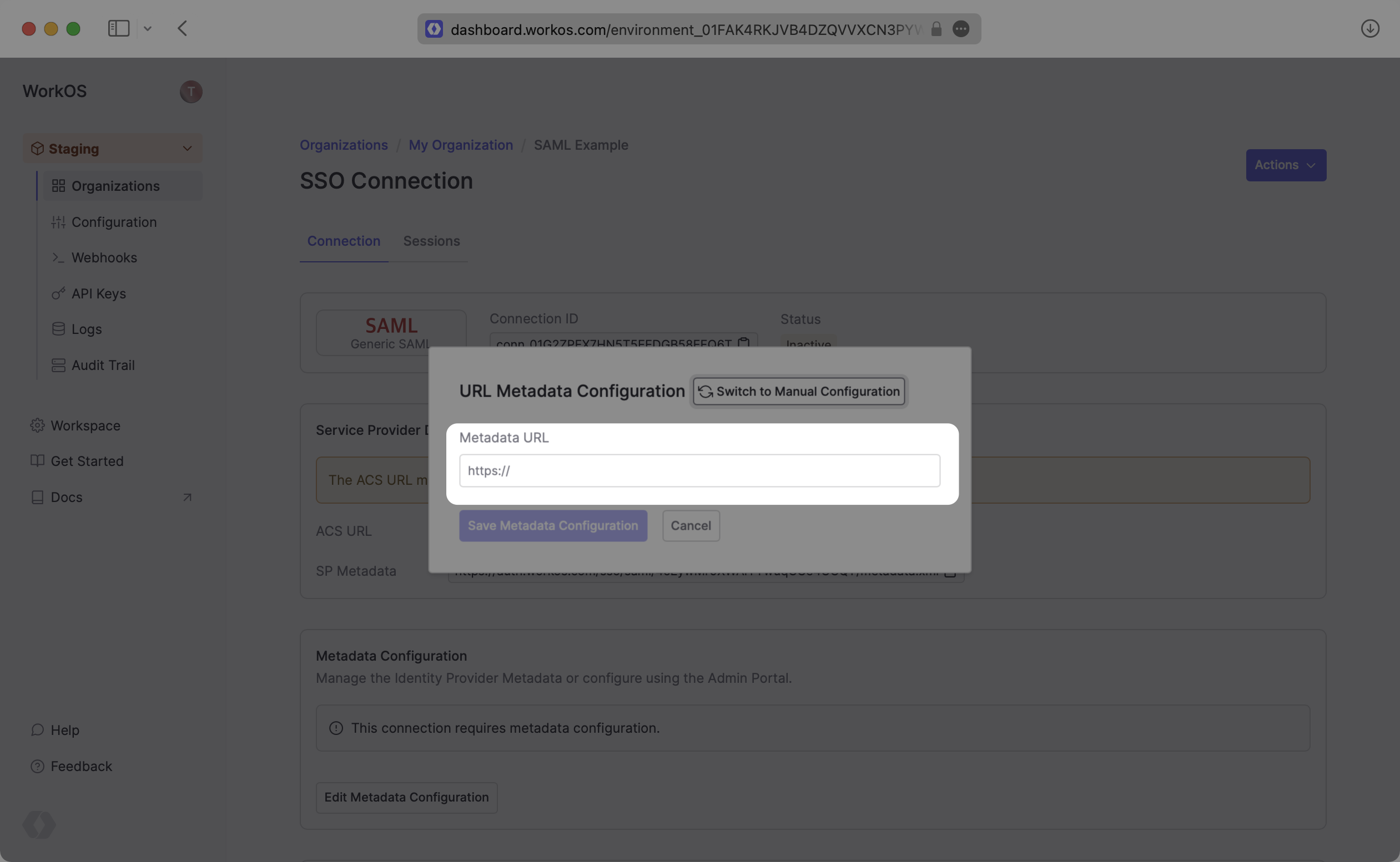 Upload IdP Metadata URL to WorkOS Dashboard