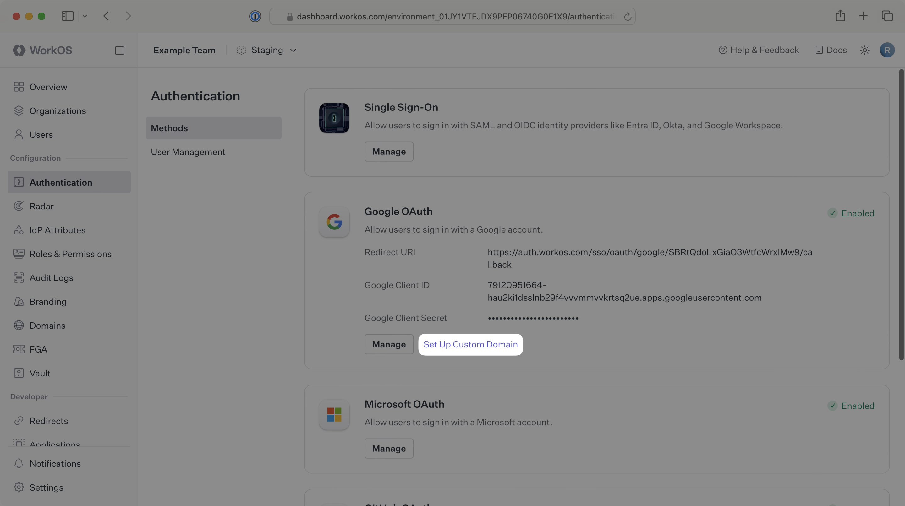 Where to find the Set Up Custom Domain button in the WorkOS Dashboard.