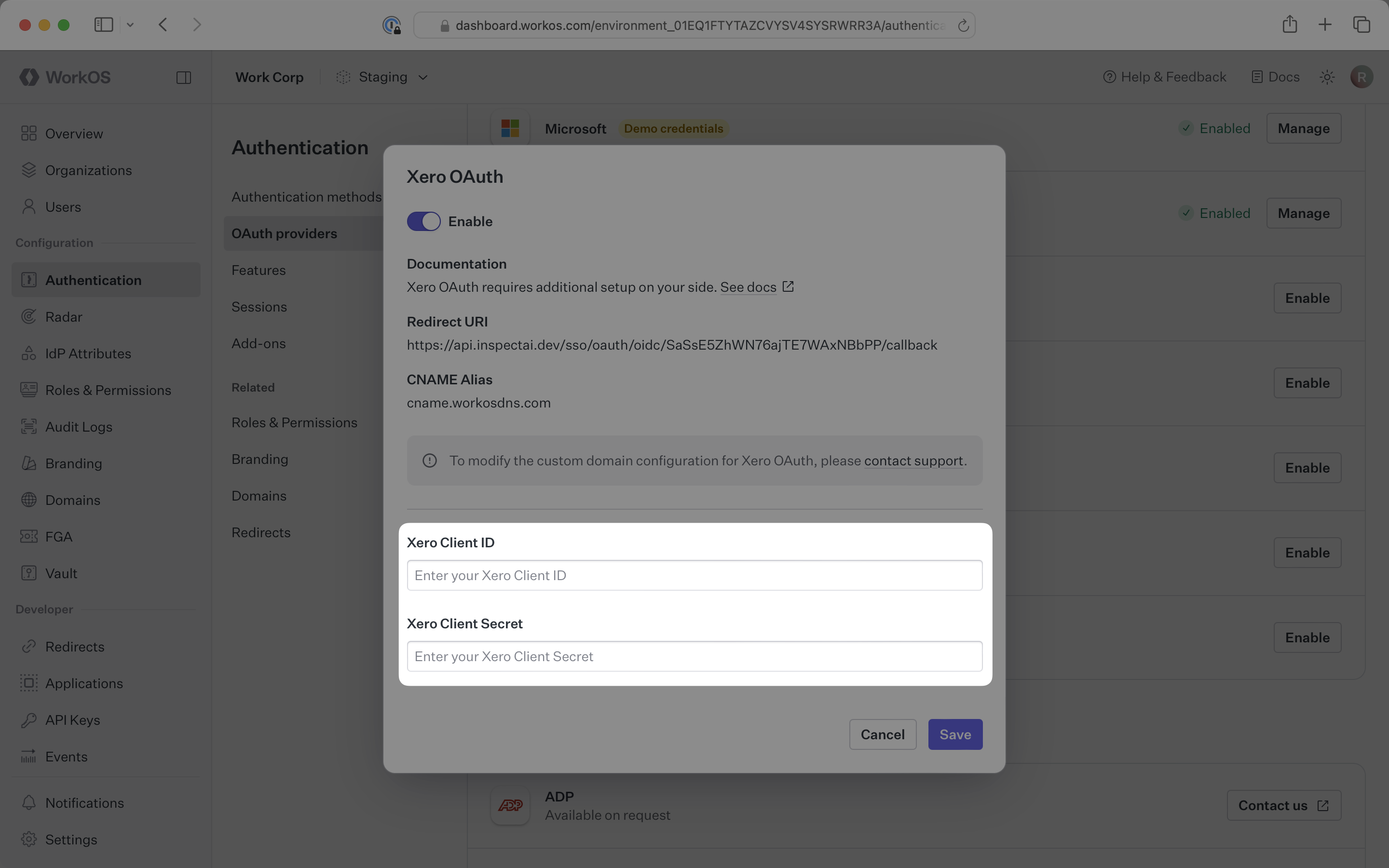 OAuth client credentials in the WorkOS Xero setup modal filled with client id and client secret.