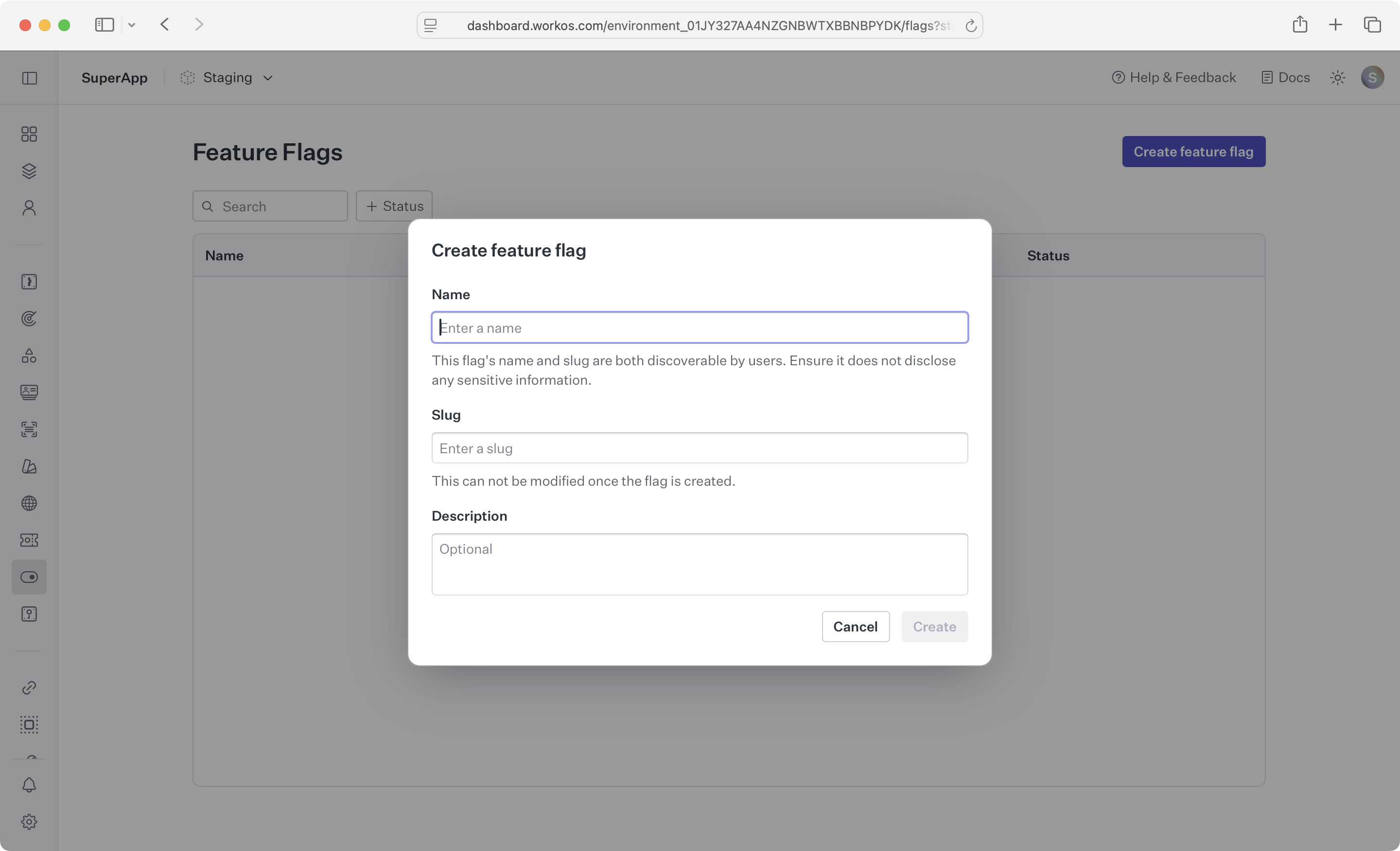 A screenshot showing the WorkOS dashboard feature flags page.