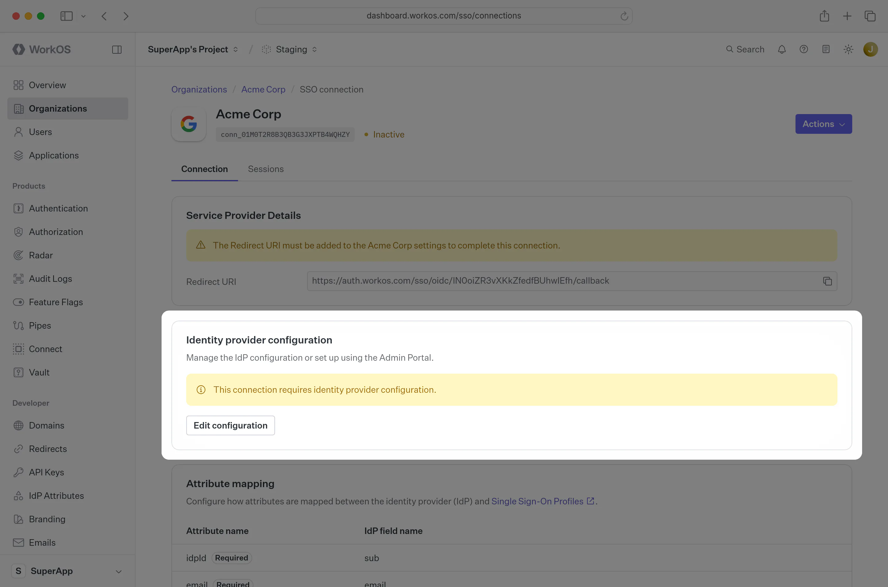 A screenshot showing the “Edit Metadata Configuration” button in the WorkOS Dashboard.