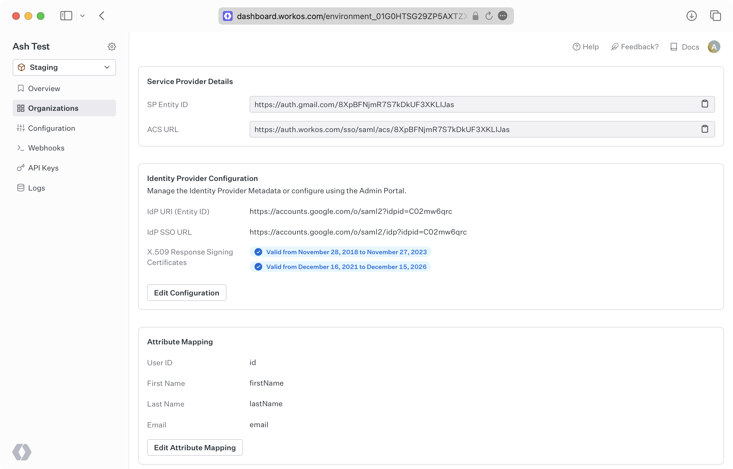 A screenshot showing a linked Google SAML connection in the WorkOS Dashboard.