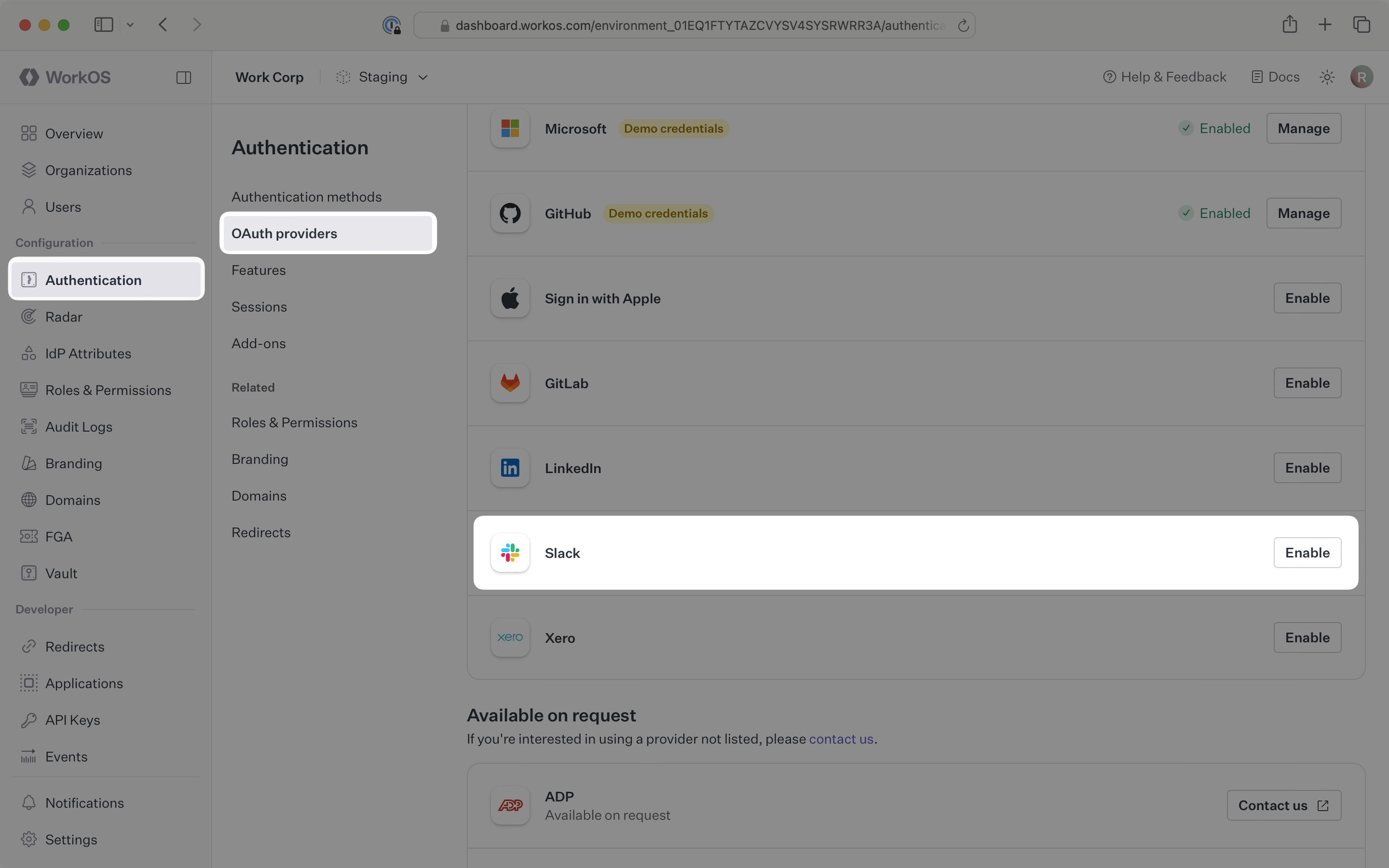 The Slack OAuth section in the WorkOS Dashboard.