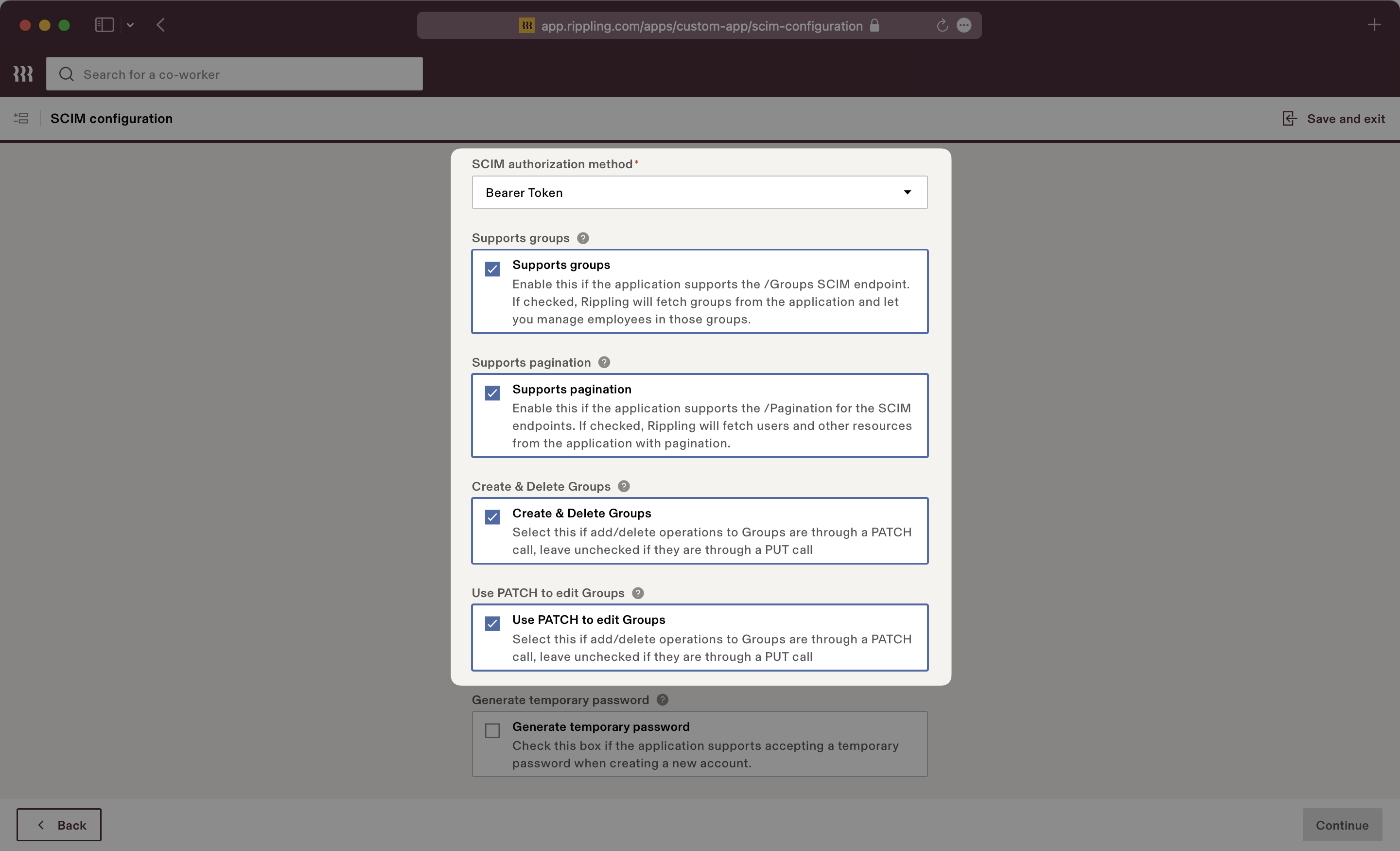 A screenshot showing the SCIM authorization method and configuration options in Rippling.