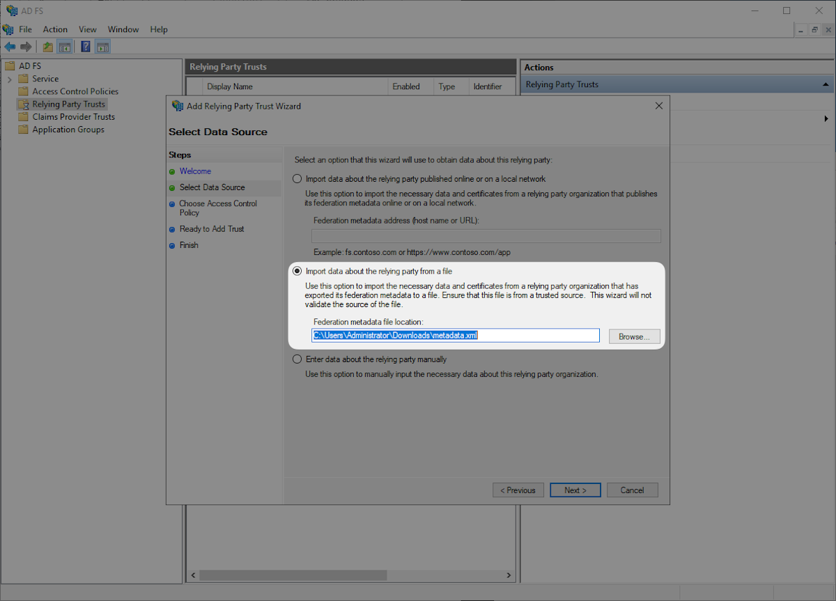 A screenshot showing where to import the WorkOS Metadata File.