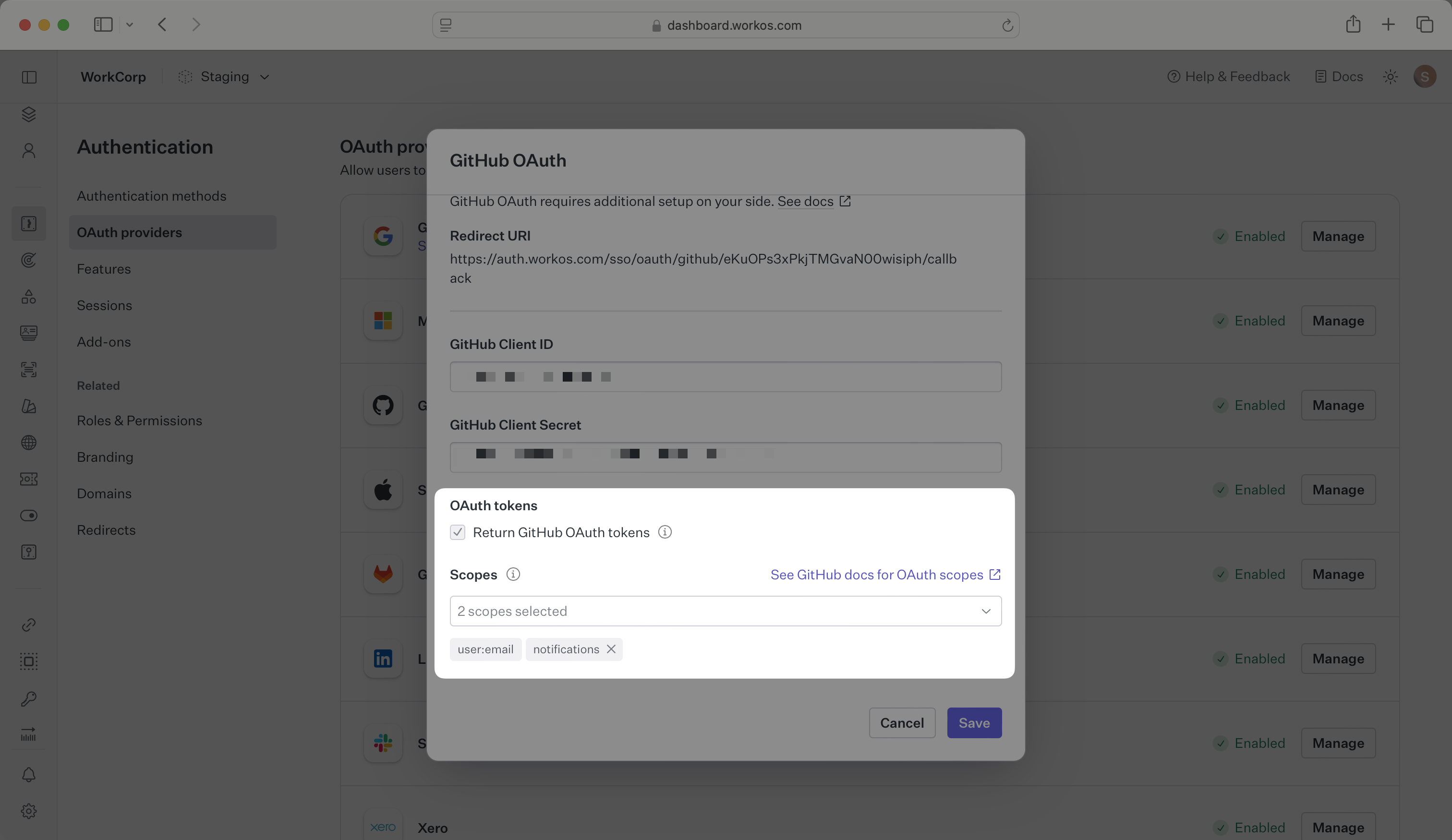 A screenshot showing GitHub OAuth scopes configuration in the WorkOS Dashboard