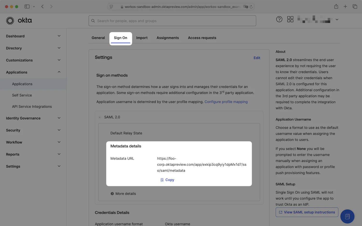 A screenshot showing where to find the Metadata URL on the "Sign On" tab in the Okta Dashboard.