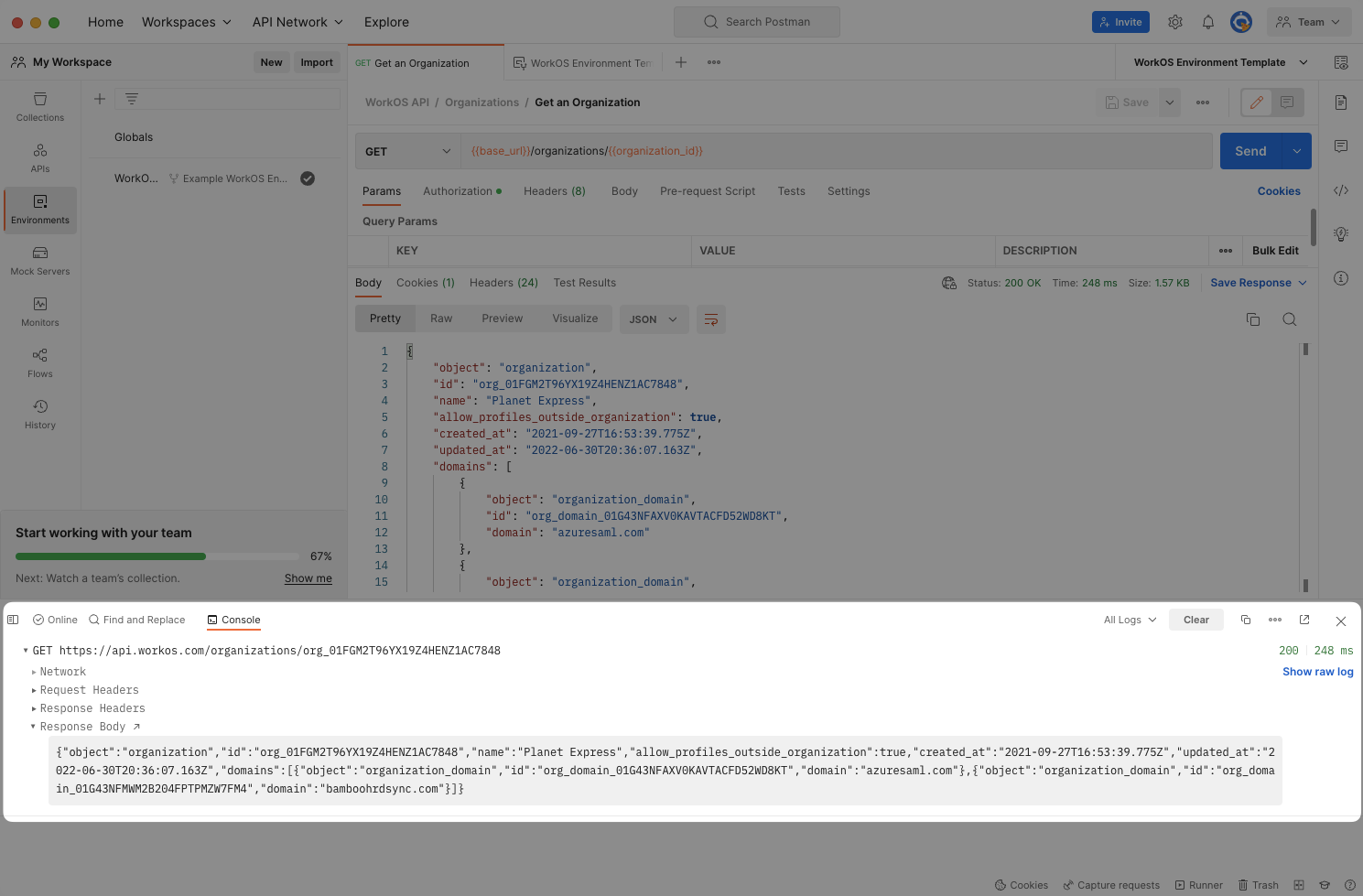 A screenshot showing the developer console in Postman.