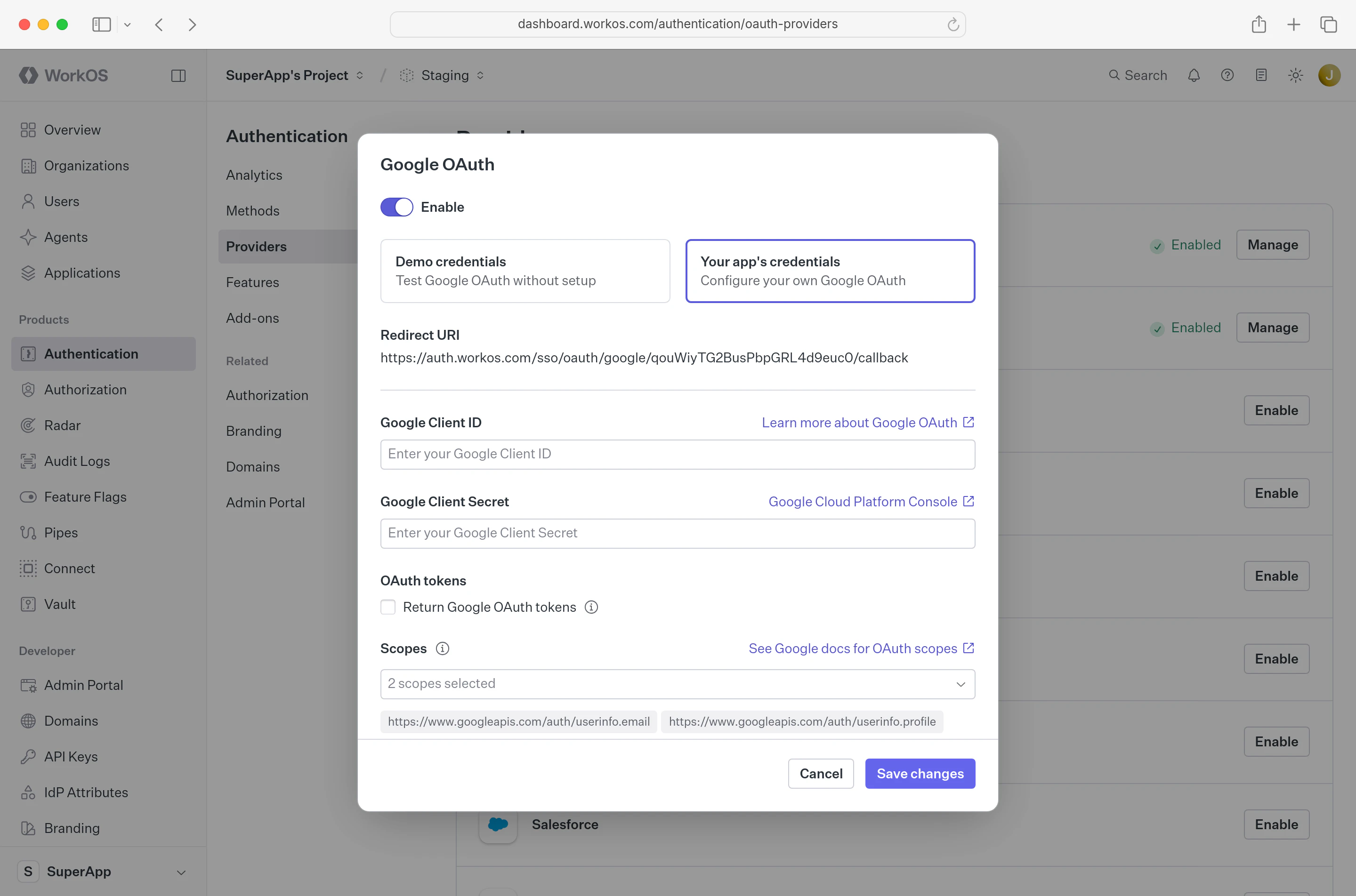 Dashboard configure OAuth settings