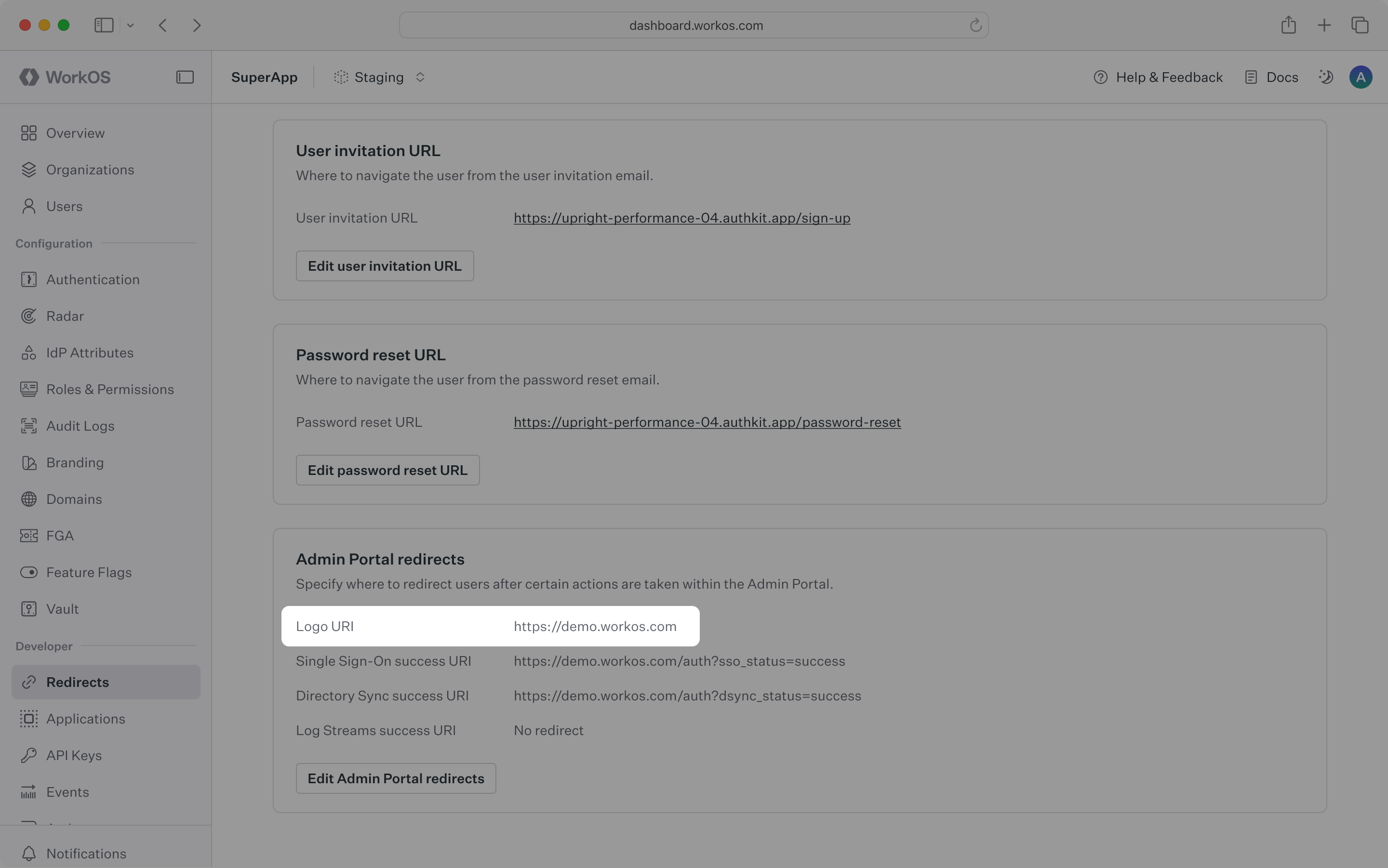 A screenshot showing the Admin Portal Redirect Links tab to set redirect URIs in the WorkOS dashboard.