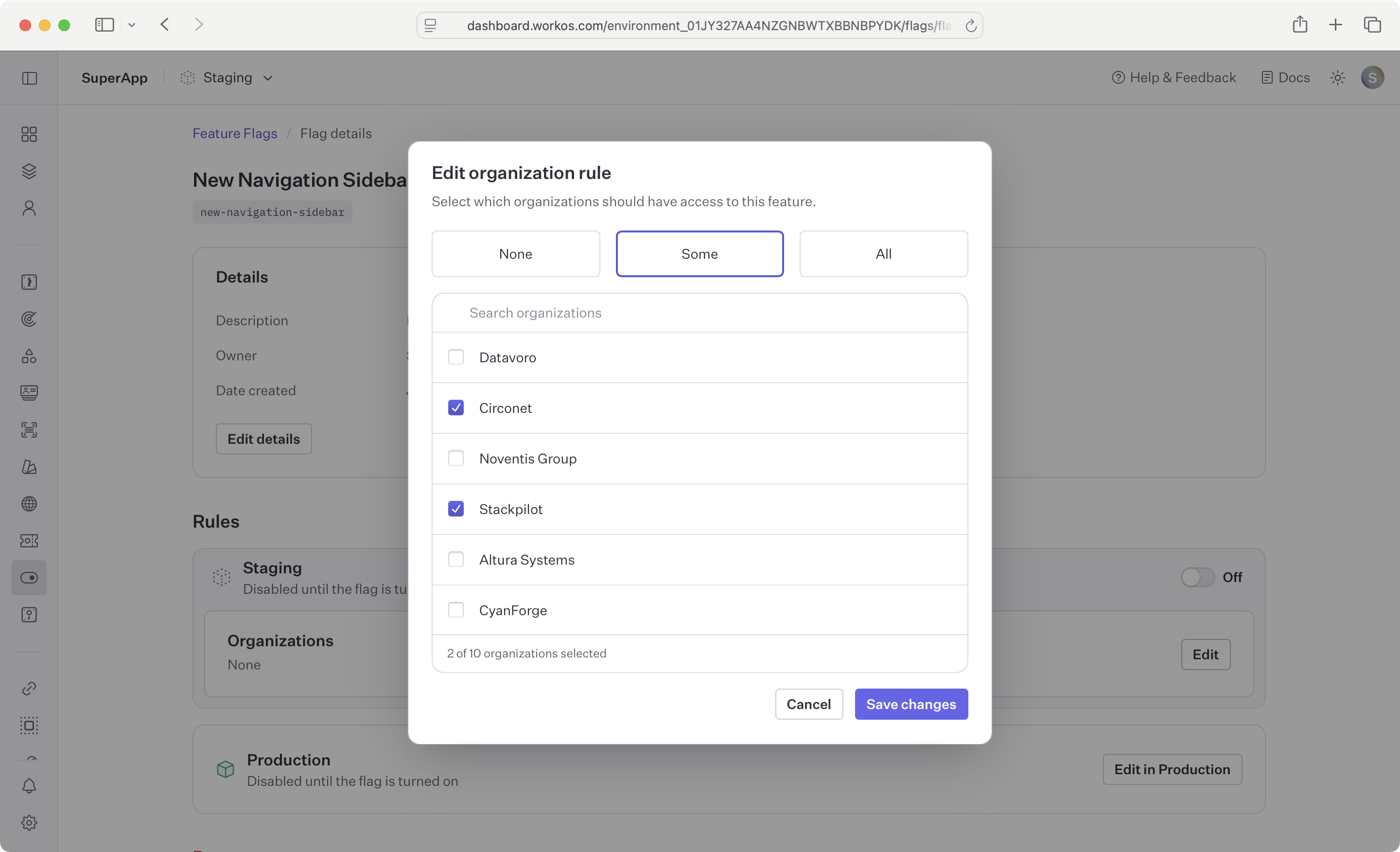 A screenshot showing the configuration of a feature flag organization rule.