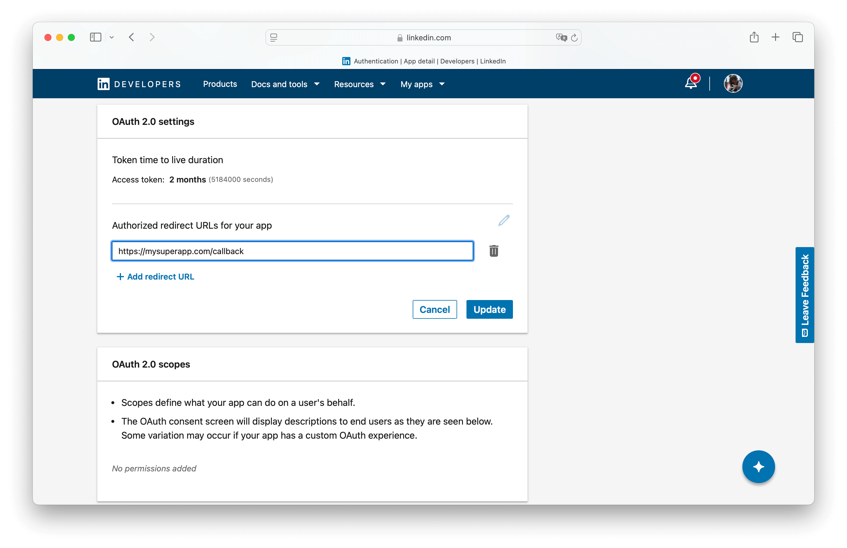 OAuth redirect URL in the LinkedIn developer settings.