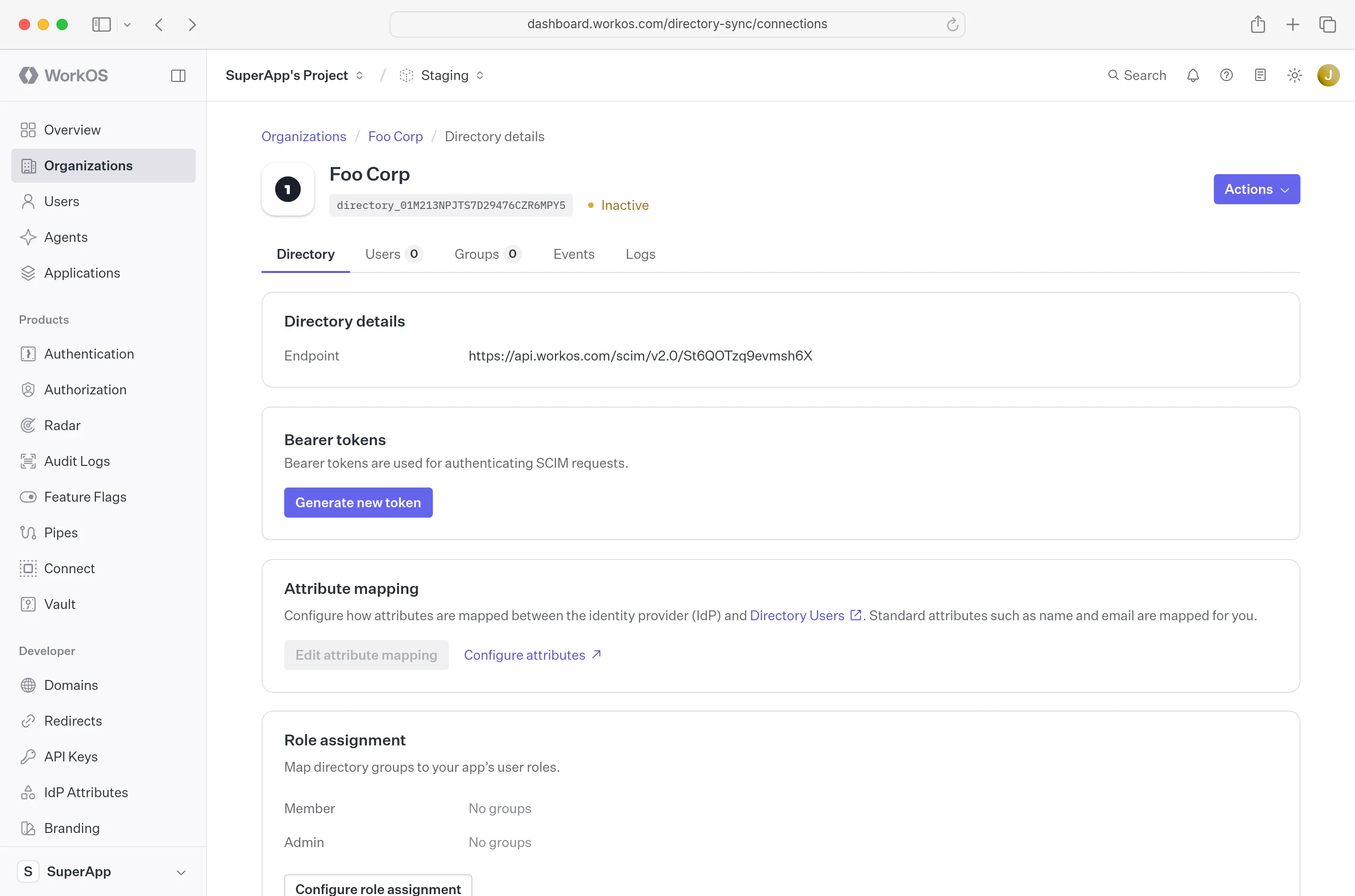 A screenshot showing a linked Directory in the WorkOS Dashboard