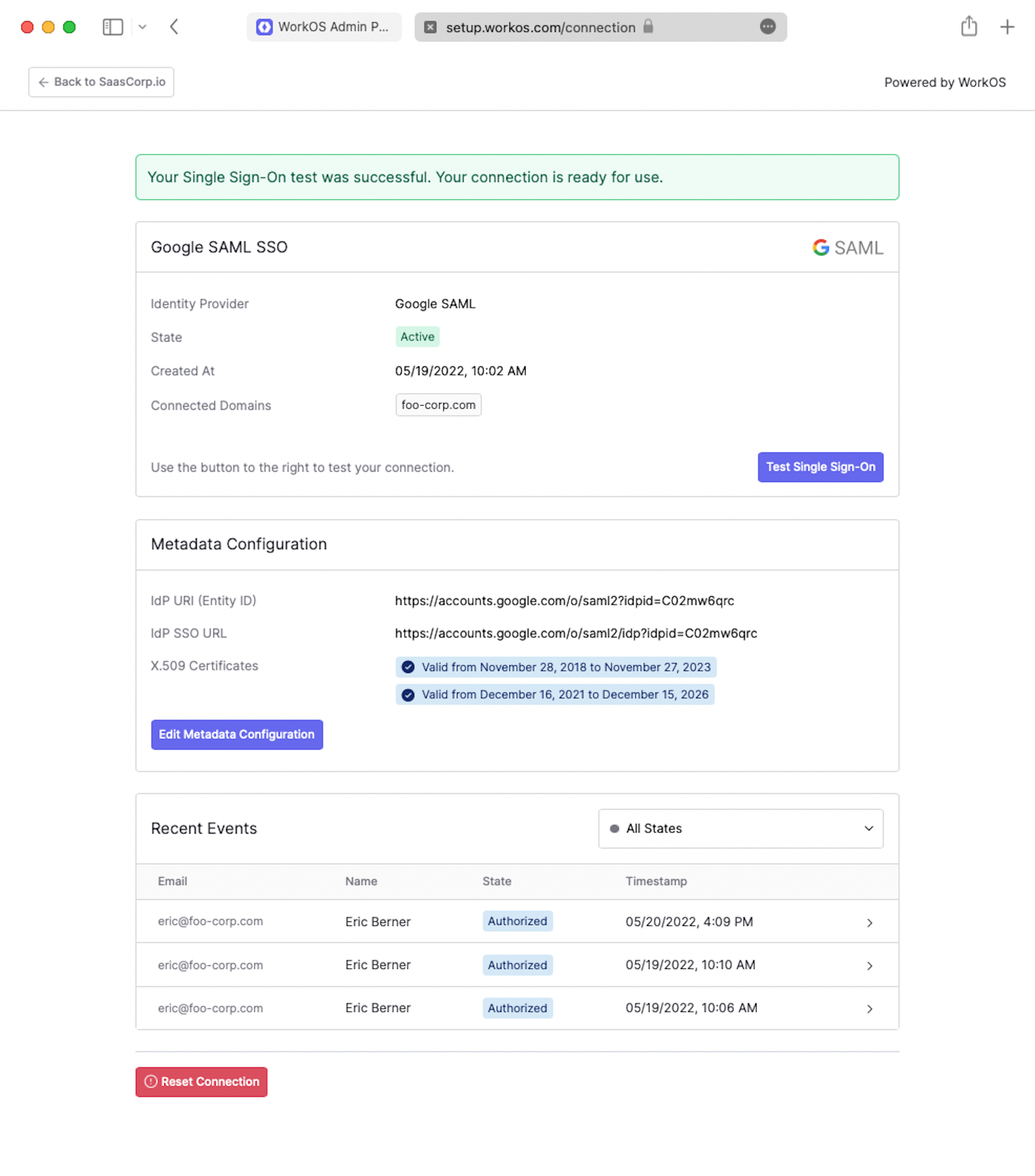 A screenshot showing the Admin Portal SSO screen and where to click the “Test Single Sign-On” button.