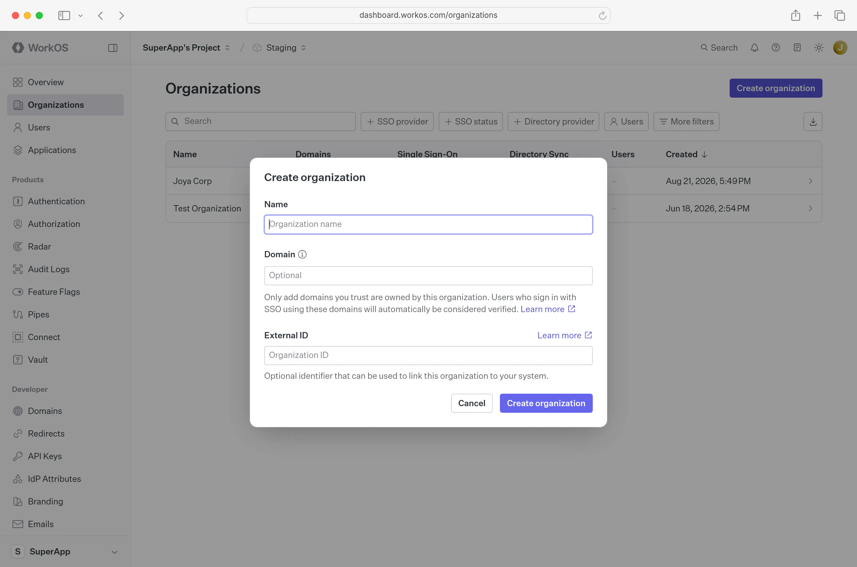 WorkOS Dashboard UI showing organization creation