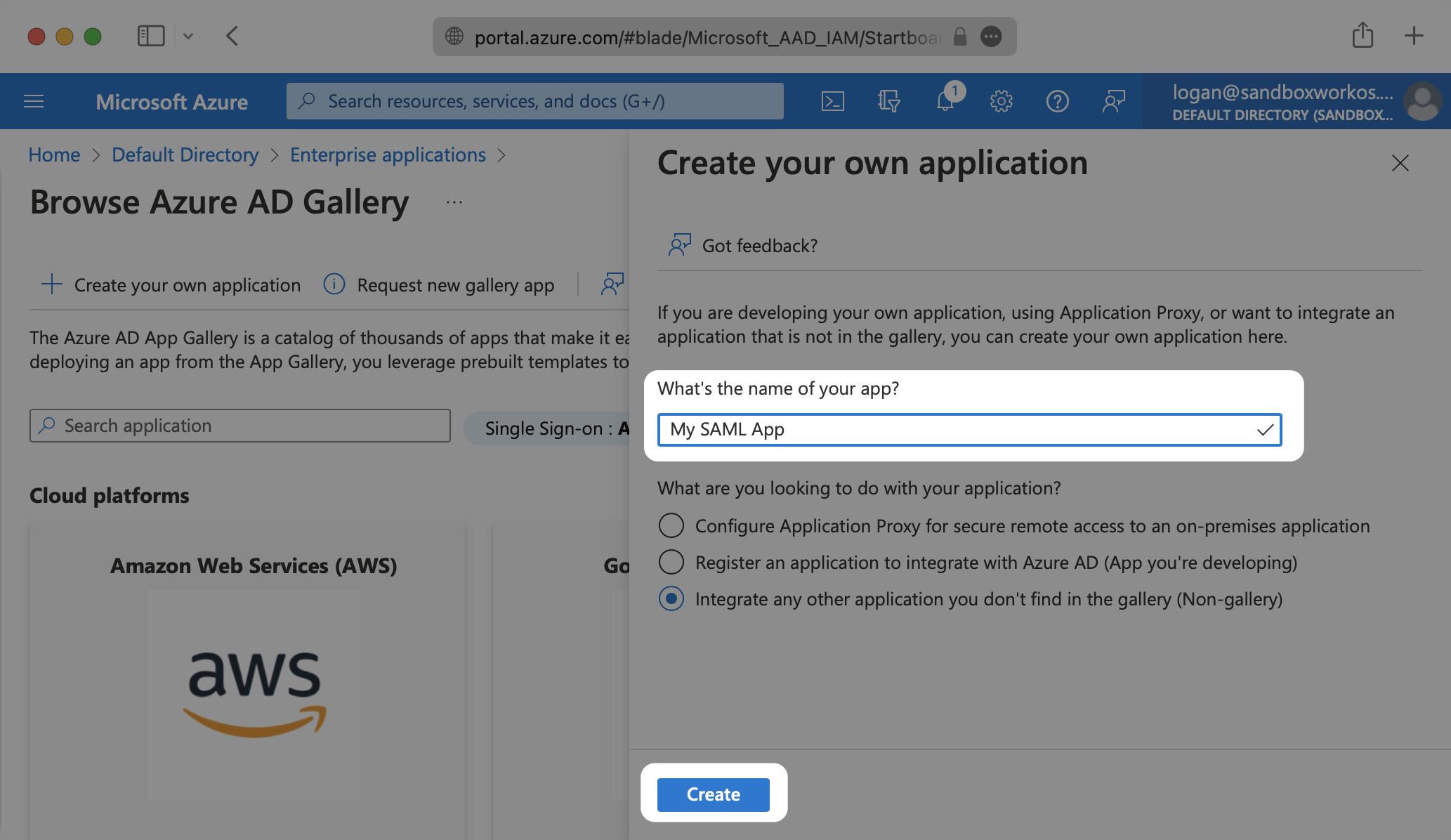 A screenshot showing where to input the name of the new application in the Azure dashboard.