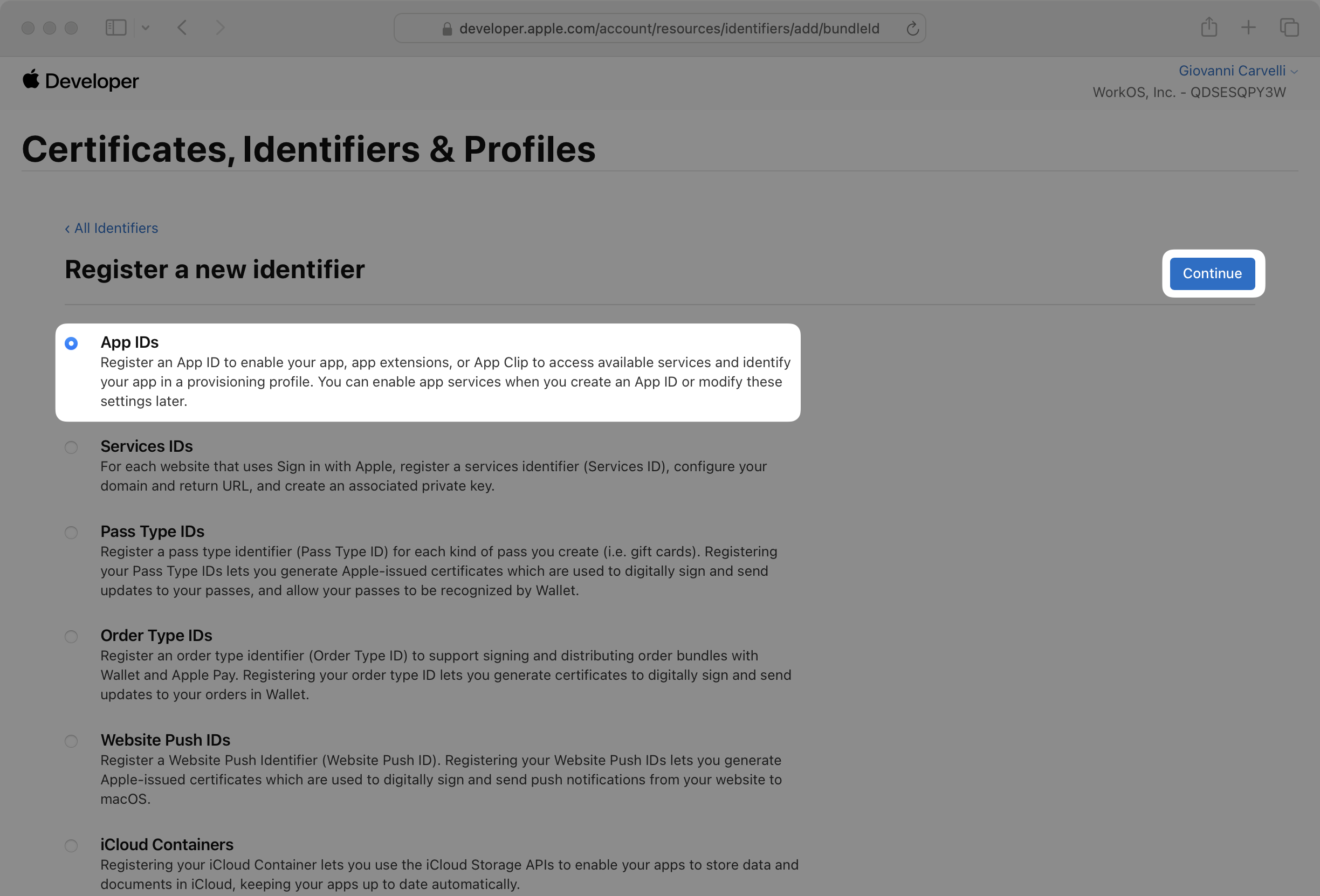 A screenshot showing the first step in the Identifier creation wizard. App IDs is selected.