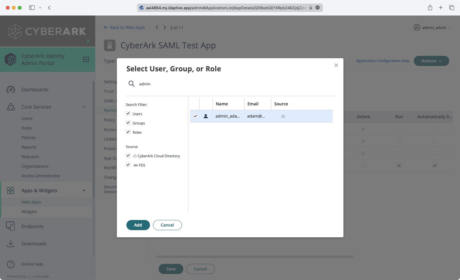 A screenshot showing the selection of a user to add to the SAML application in the CyberArk dashboard.