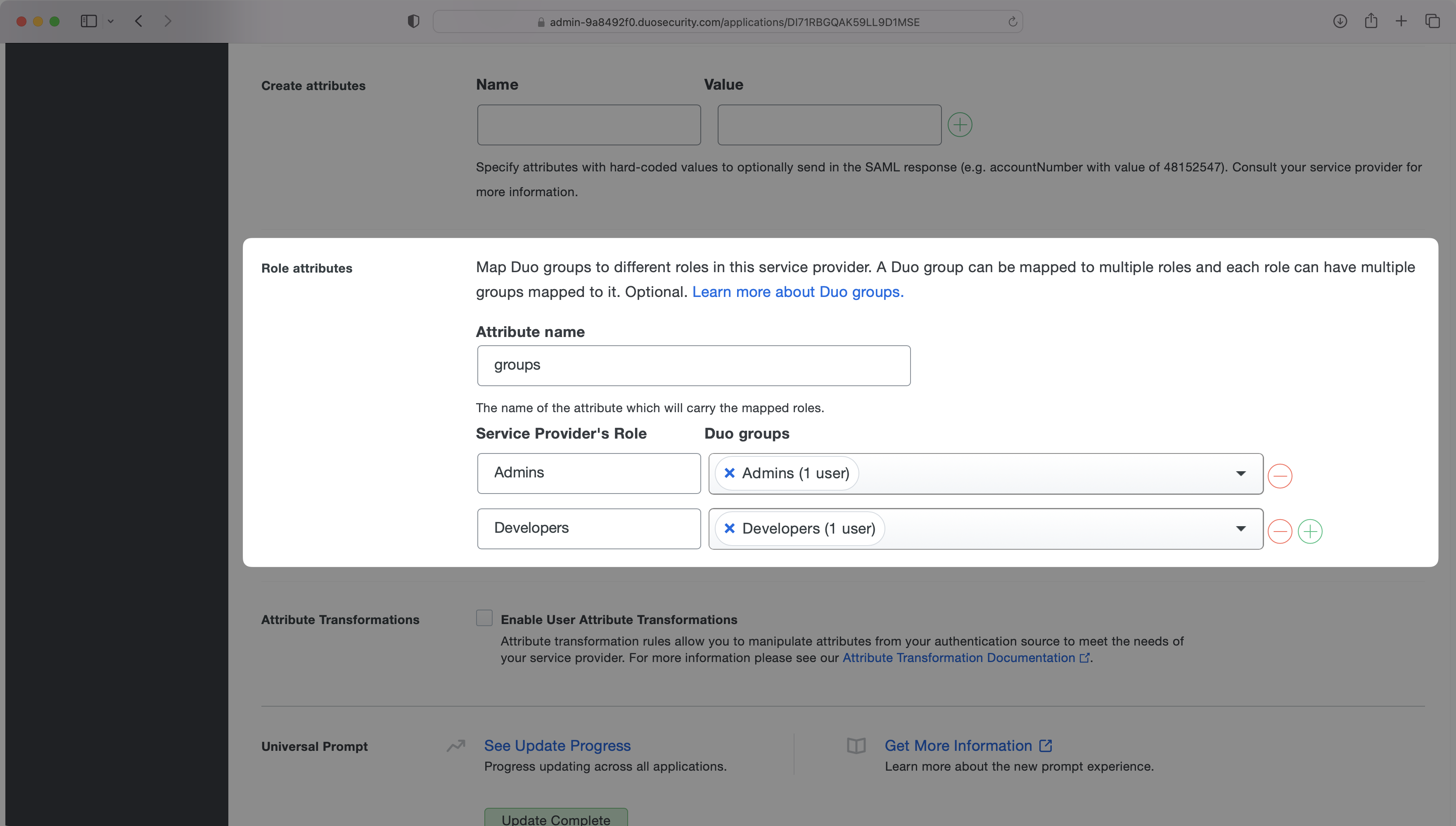 A screenshot showing how to configure a groups attribute in Duo.