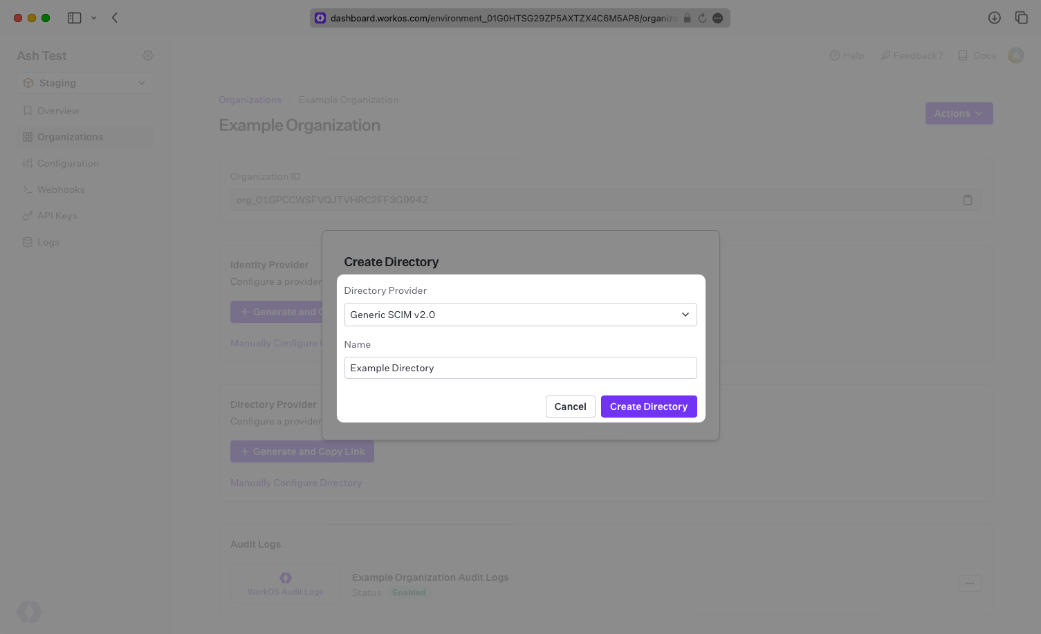 A screenshot showing "Create Directory" details in the WorkOS Dashboard.