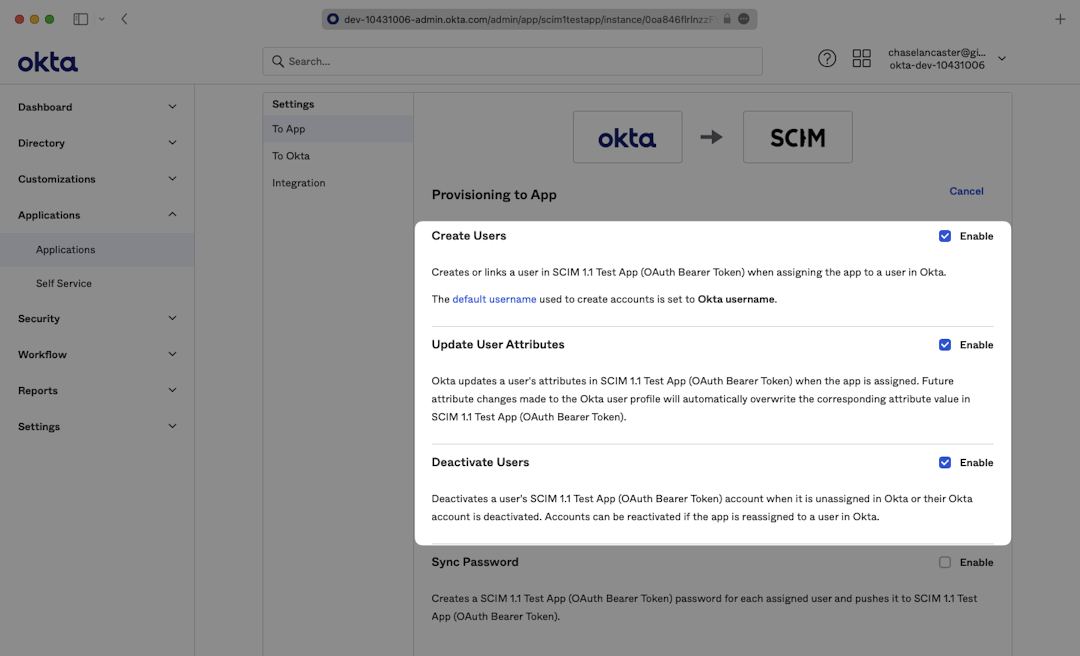 A screenshot showing where to enable "Create Users", "Update User Attributes", and "Deactivate Users" in the "To App" tab in Okta.