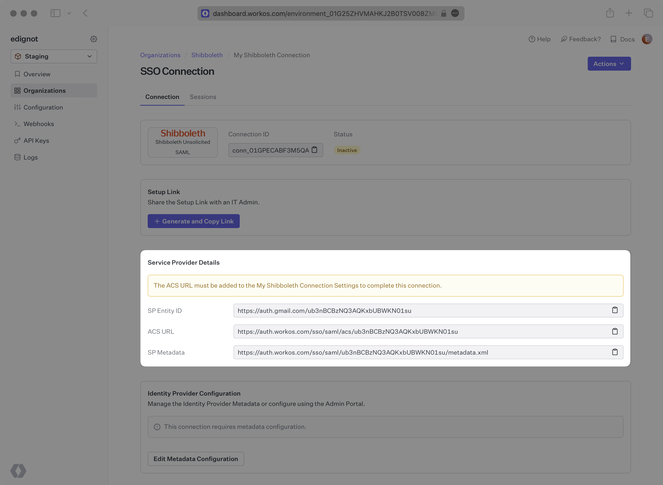 A screenshot showing where to find the ACS URL, SP Metadata and SP Entity ID in the WorkOS dashboard.