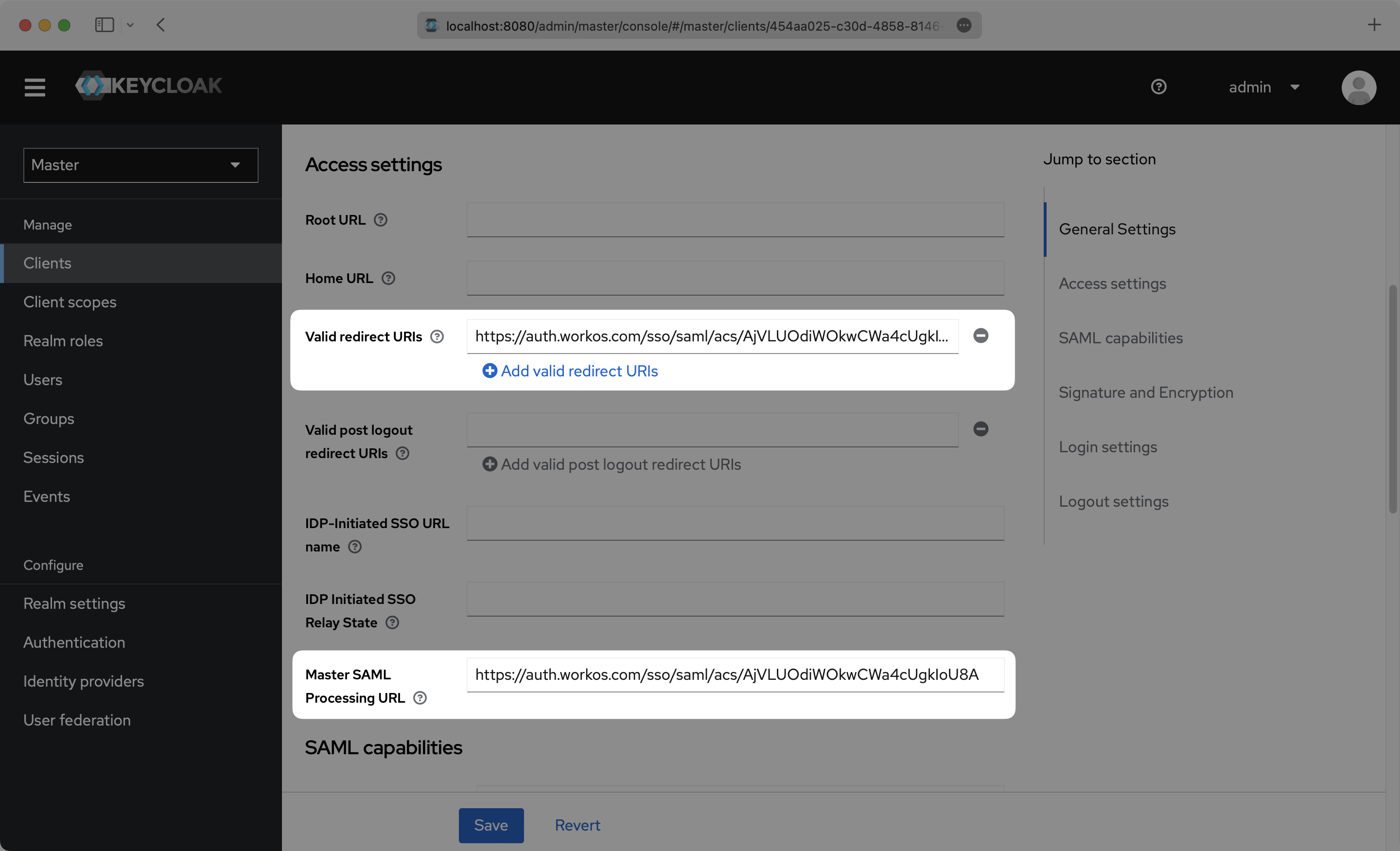 A screenshot highlighting the fields "Valid redirect URIs" and "Master SAML Processing URL in the Keycloak dashboard.