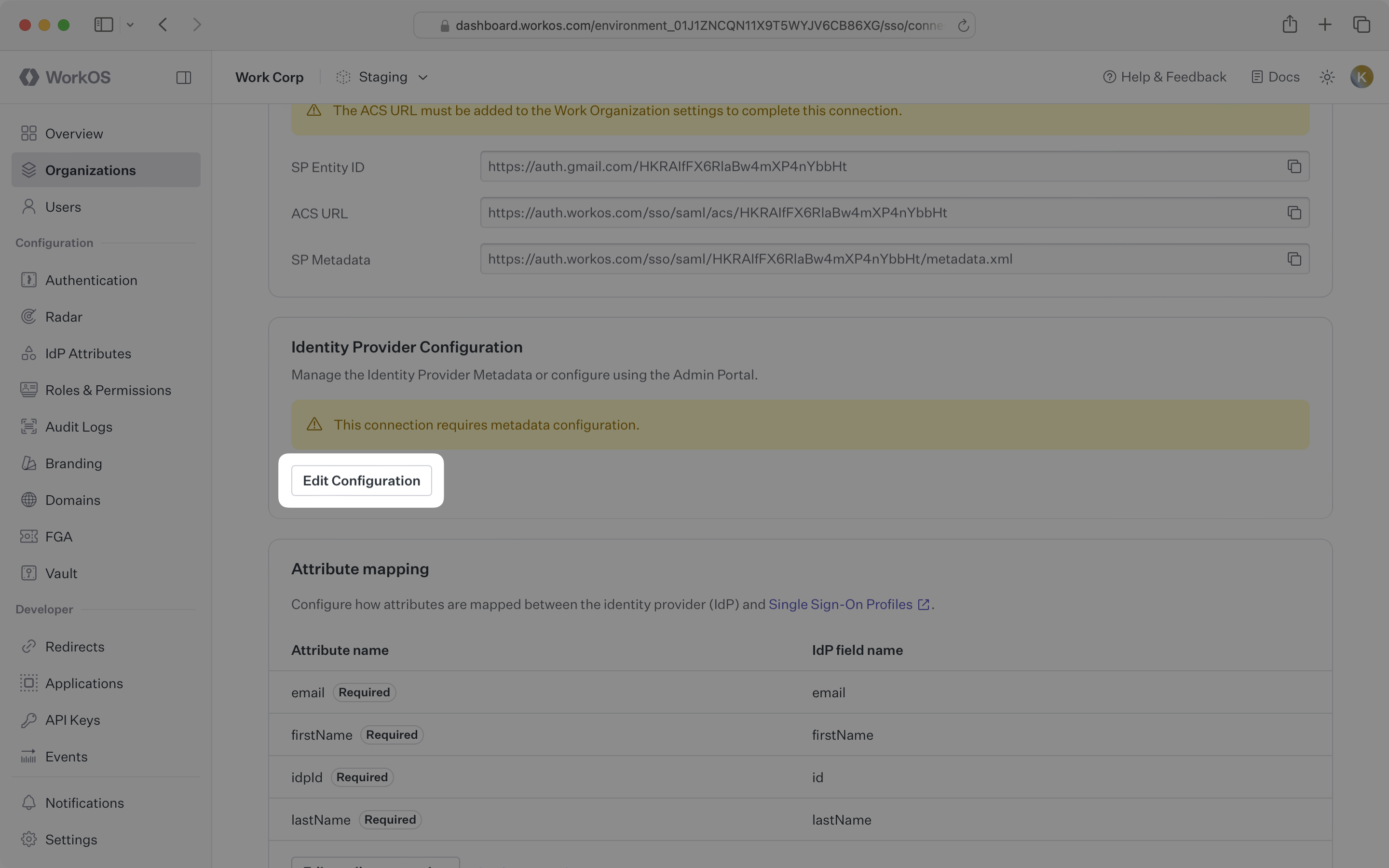 Open Identity Provider Configuration in WorkOS Dashboard