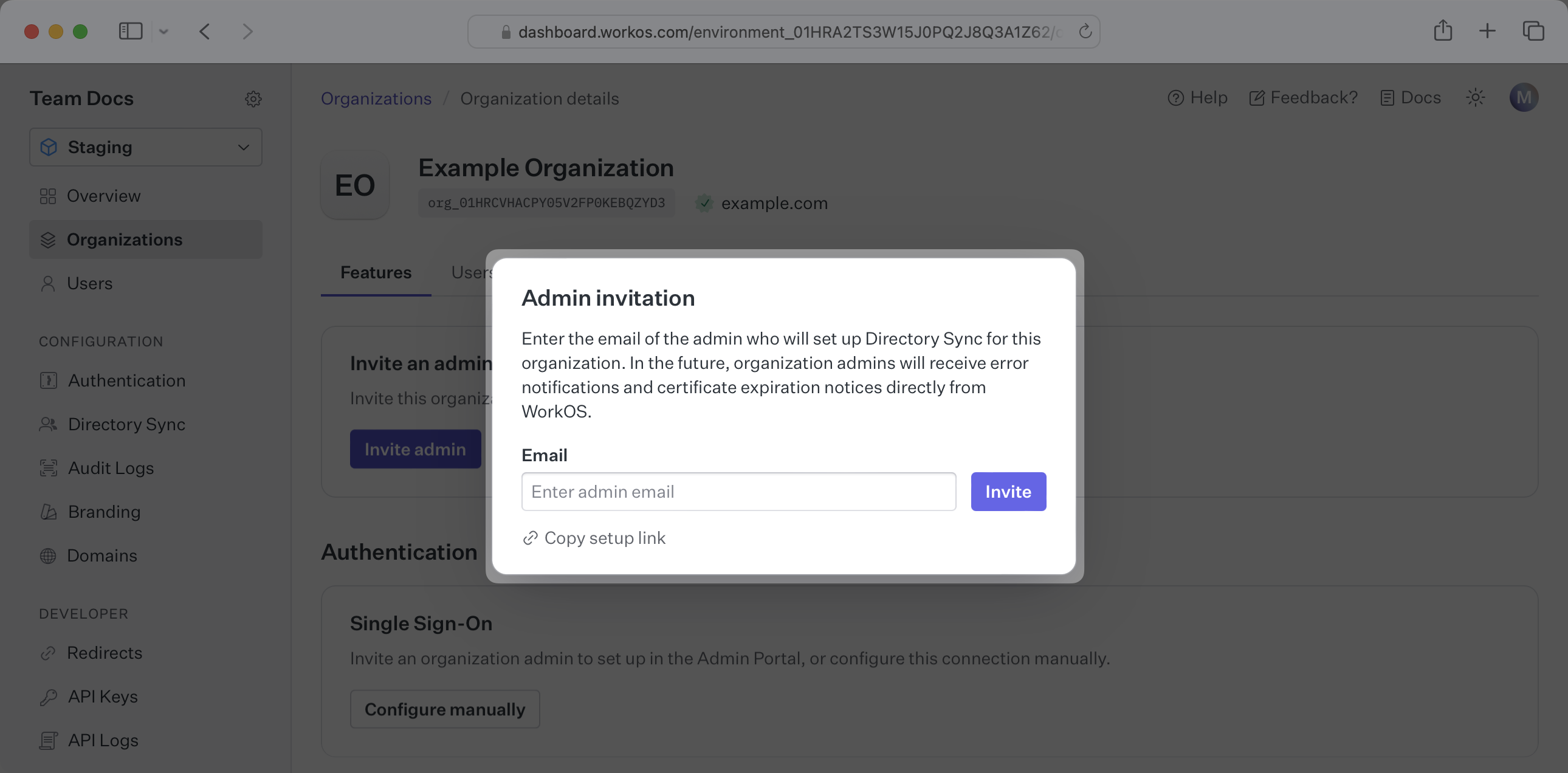 Enter the email address of the organization admin, or copy the setup link.