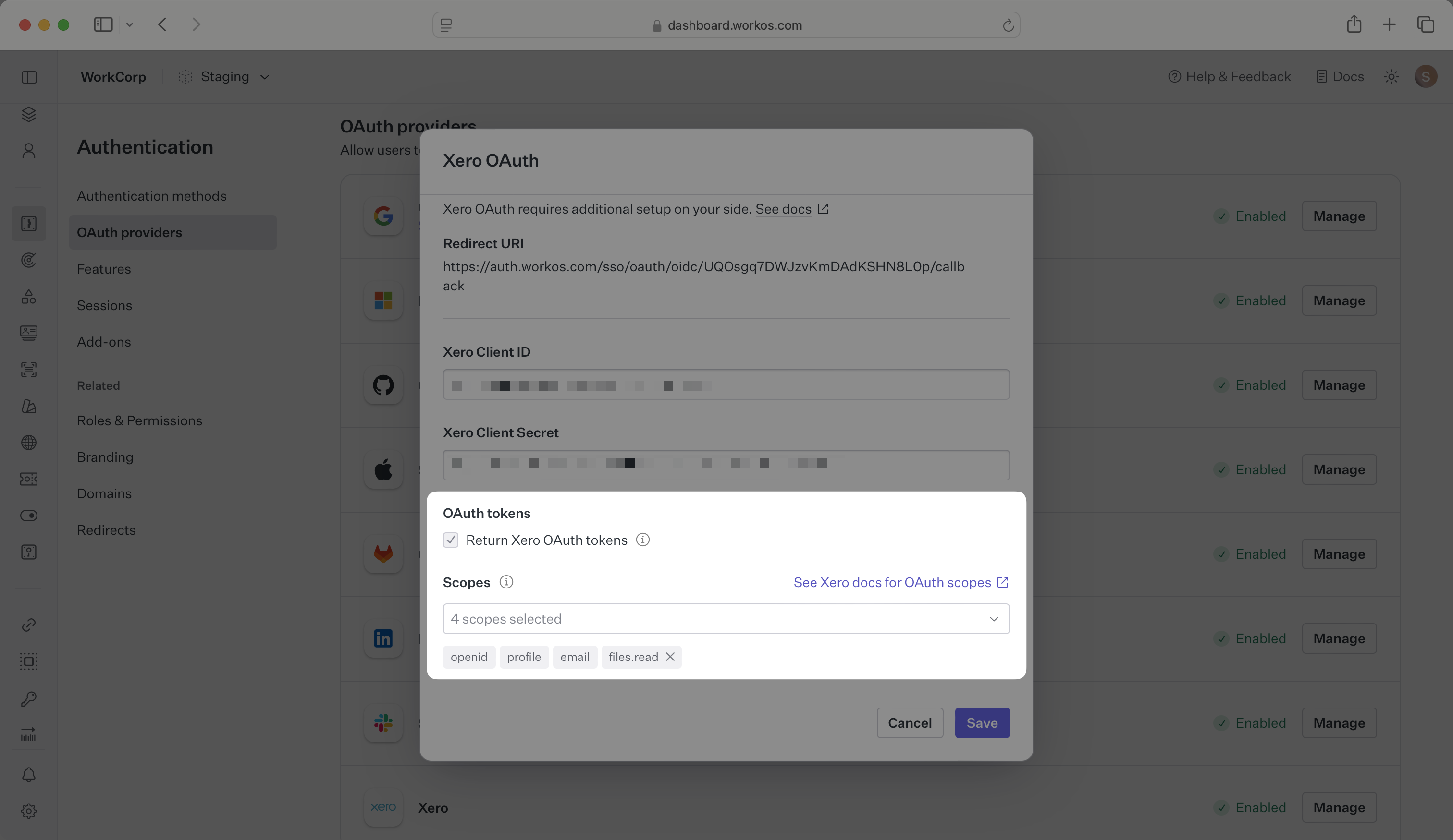 A screenshot showing Xero OAuth scopes configuration in the WorkOS Dashboard