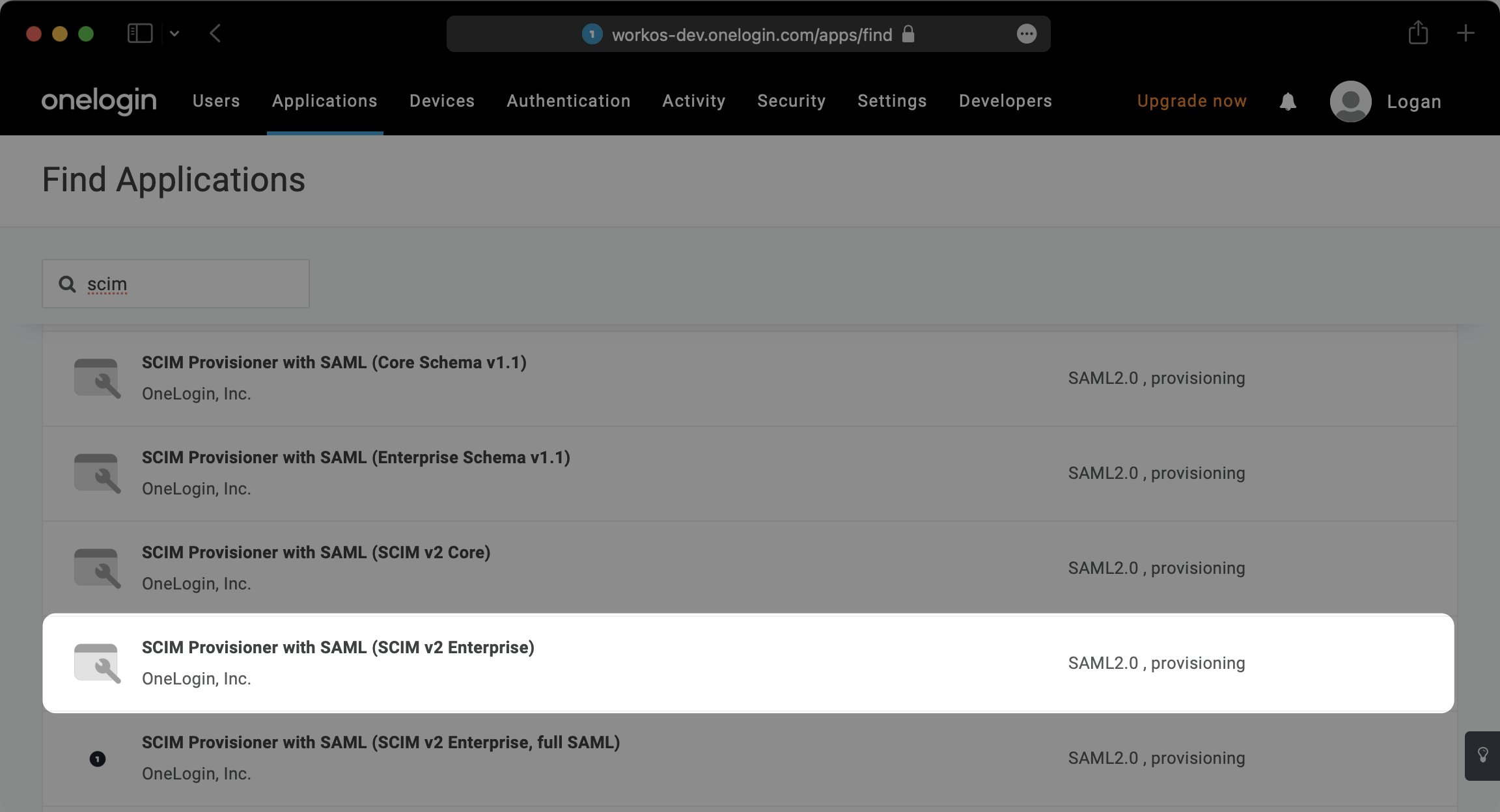 A screenshot showing where to search for “SCIM” and select the application “SCIM Provisioner with SAML (SCIM V2 Enterprise)”