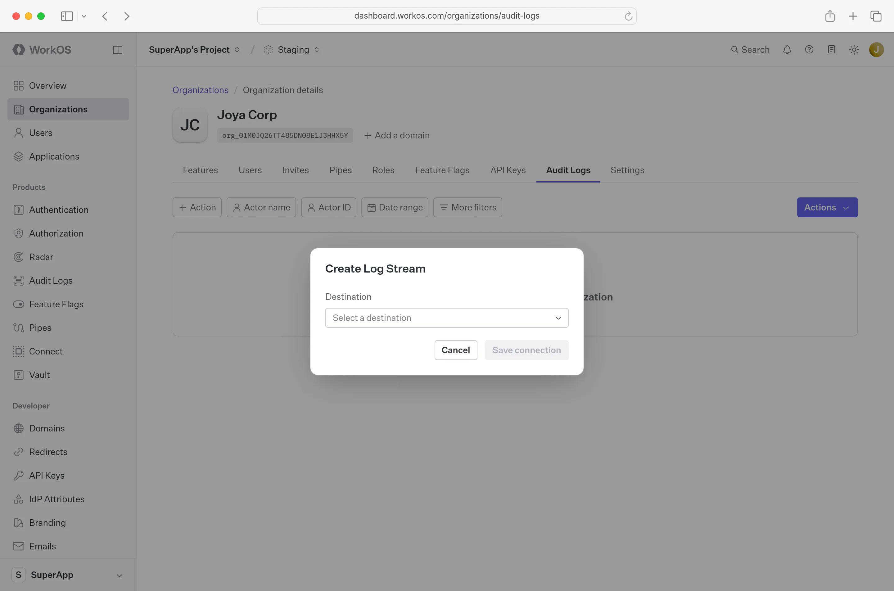 A screenshot showing “Save connection” in the WorkOS Dashboard.