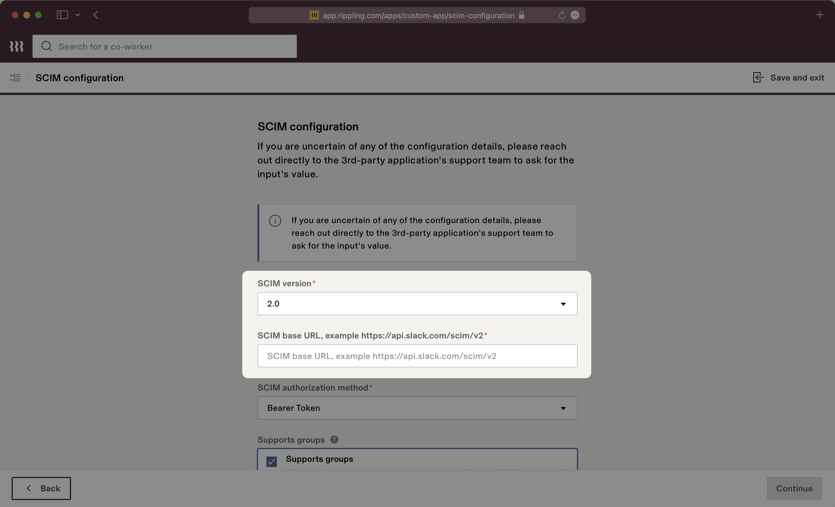 A screenshot showing where to set the SCIM version and "SCIM Base URL" in Rippling.