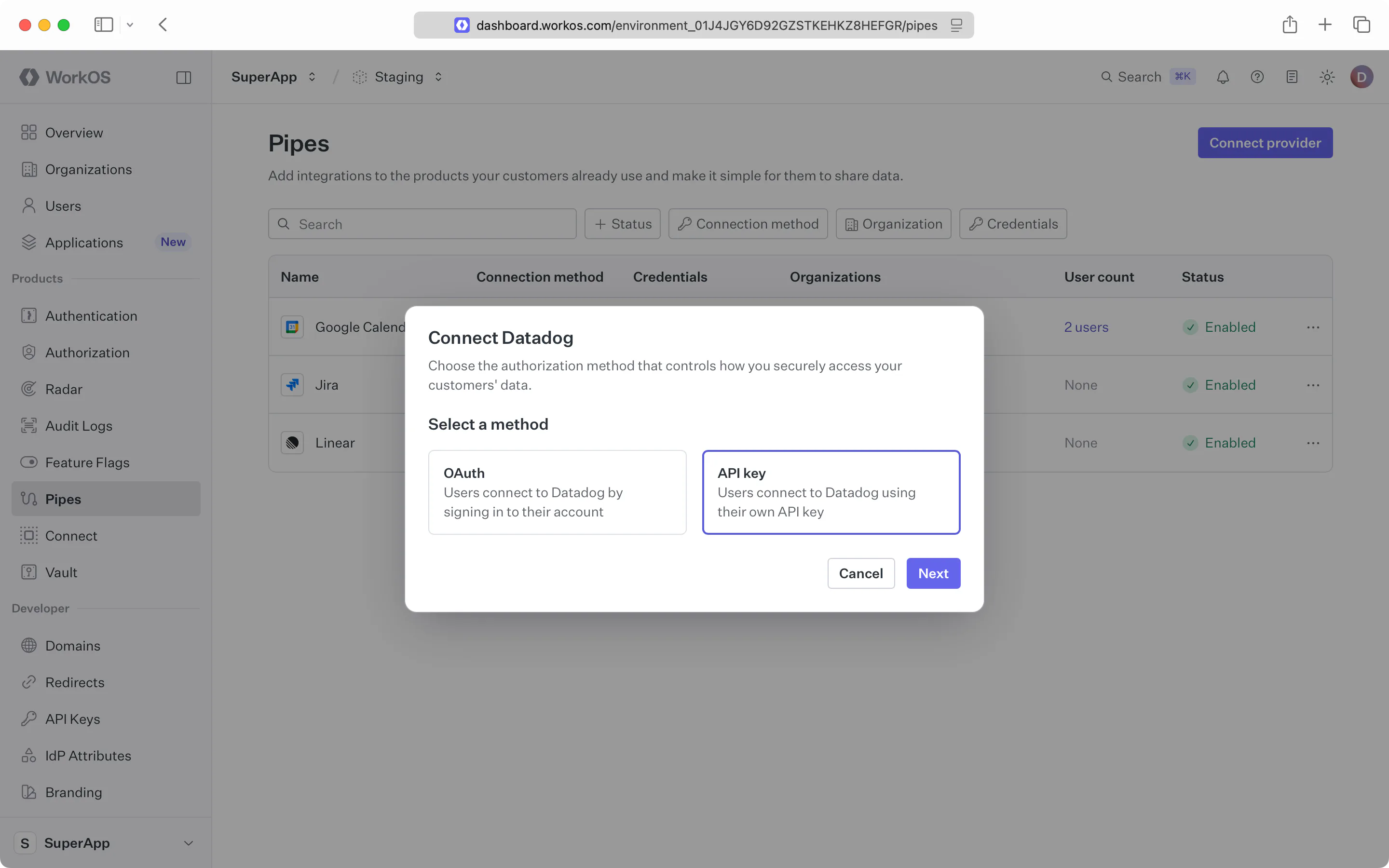 The Pipes "Add provider" modal showing the OAuth/API key method choice, with API key selected.