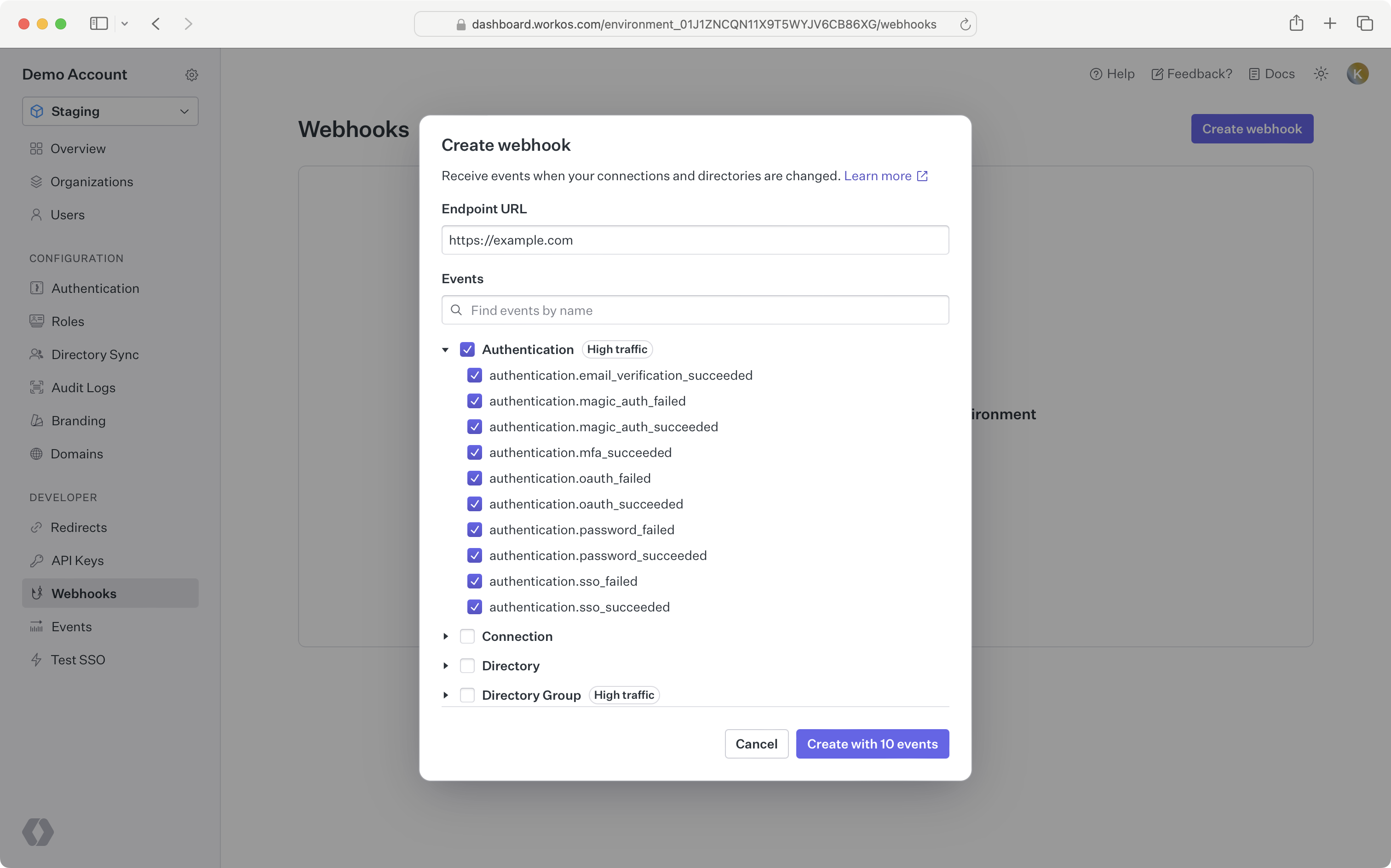 WorkOS Dashboard Webhooks UI