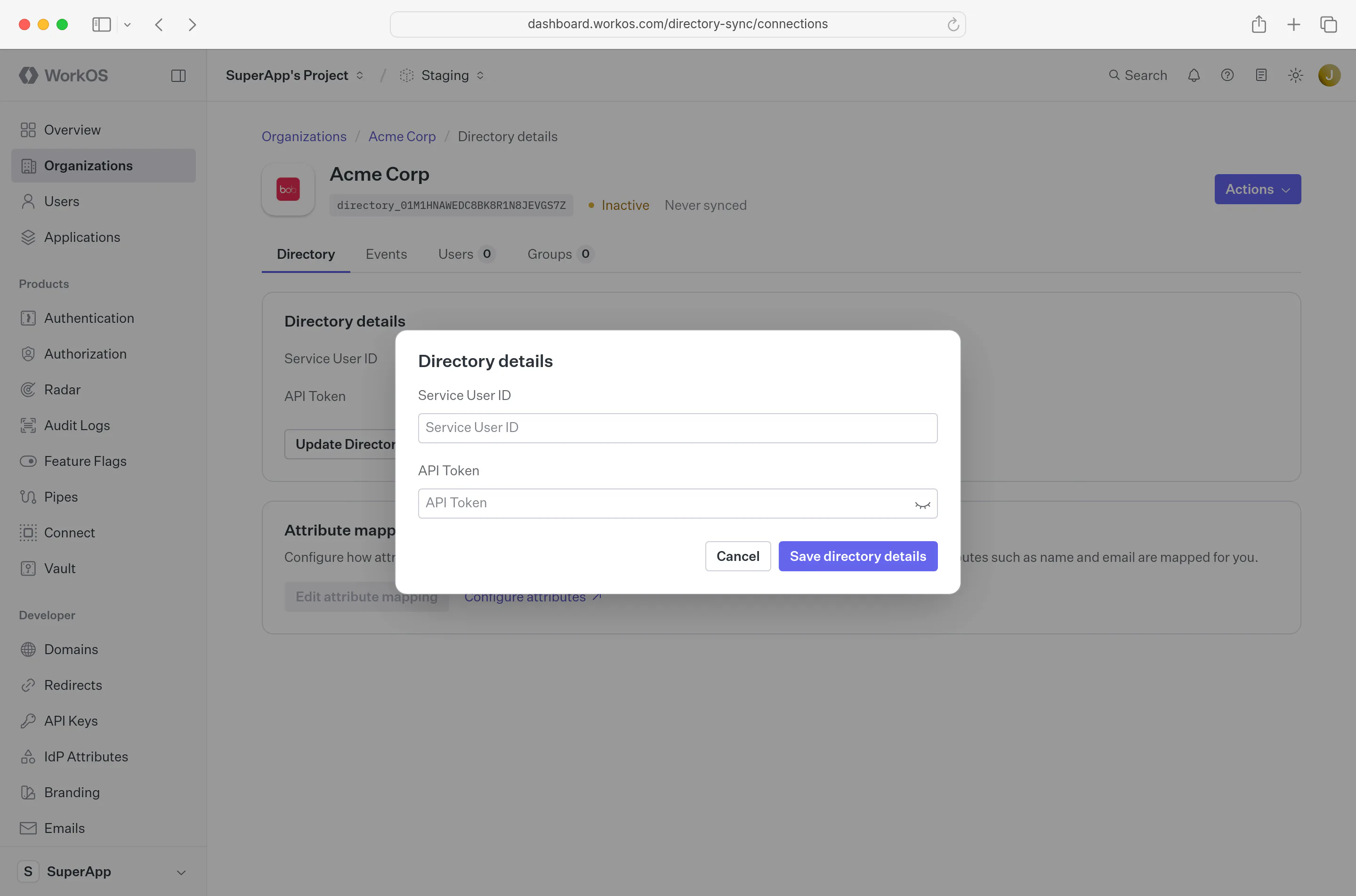 A screenshot highlighting the Directory Details modal of a HiBob directory in the WorkOS Dashboard.