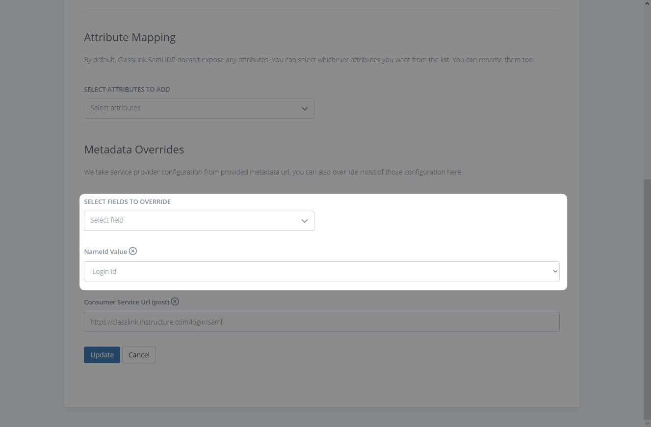 A screenshot showing how to input user attribute mapping in the ClassLink dashboard.