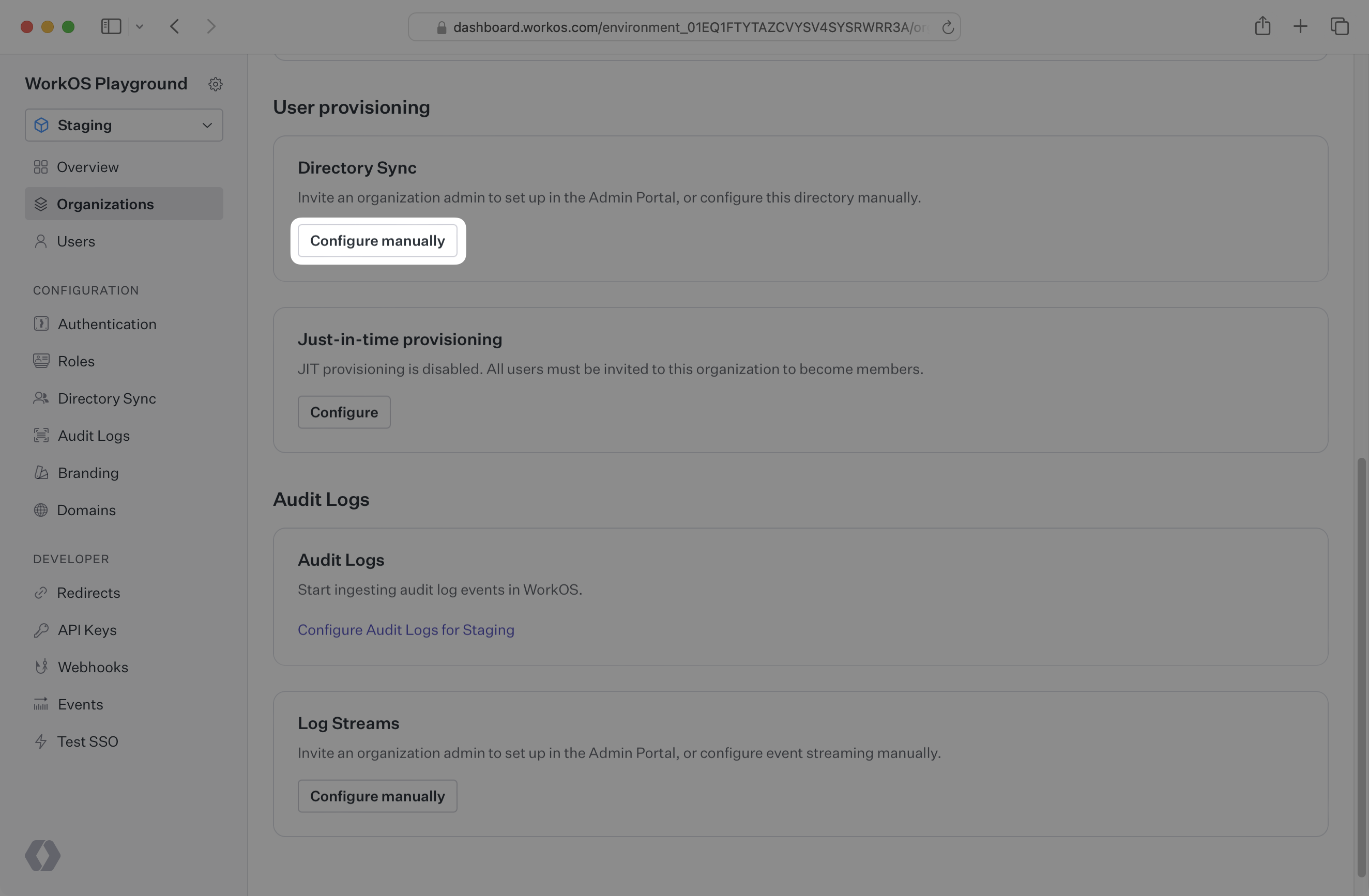 A screenshot showing where to click "Configure manually" in the WorkOS dashboard.