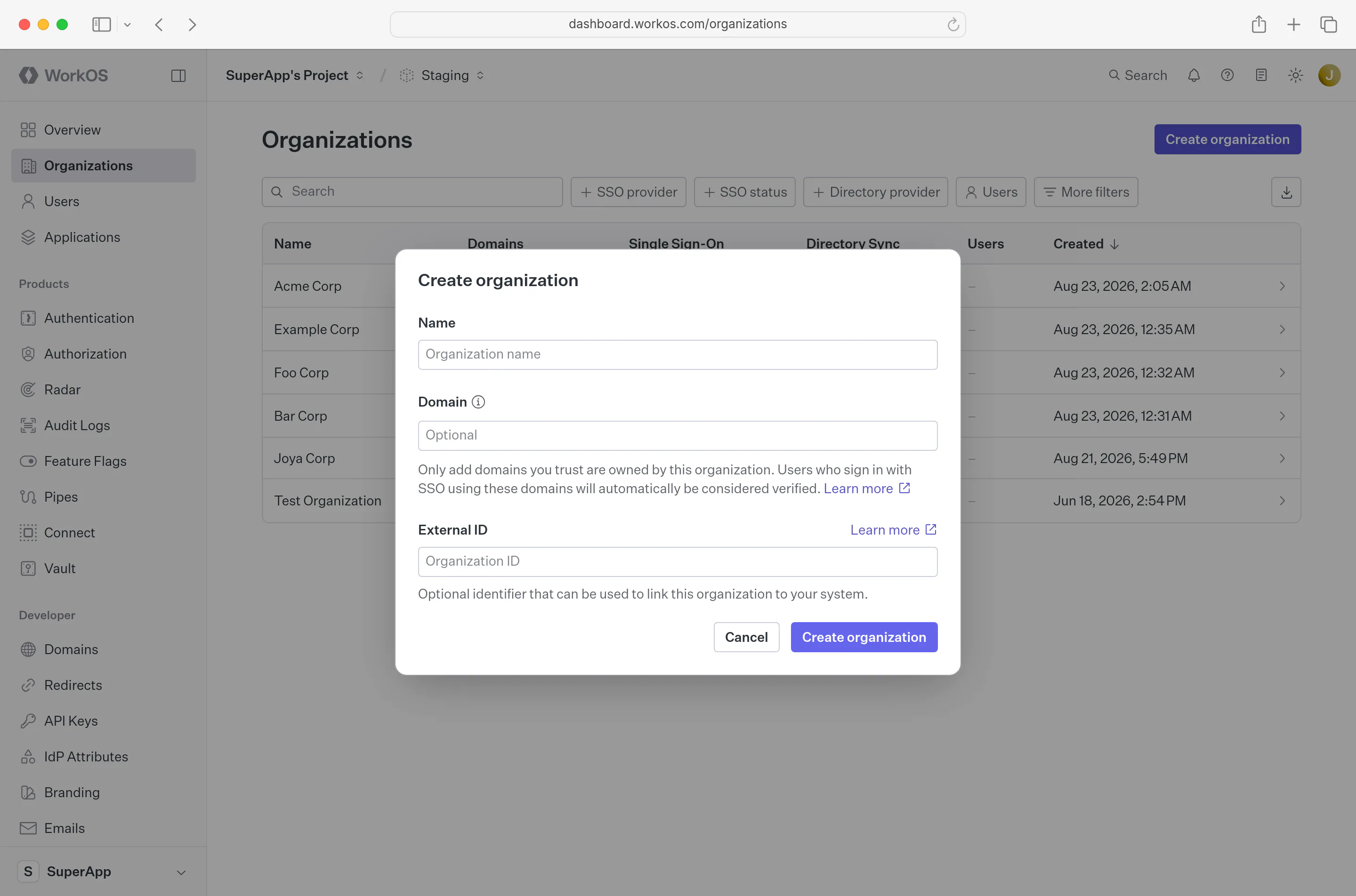 WorkOS Dashboard UI showing organization creation