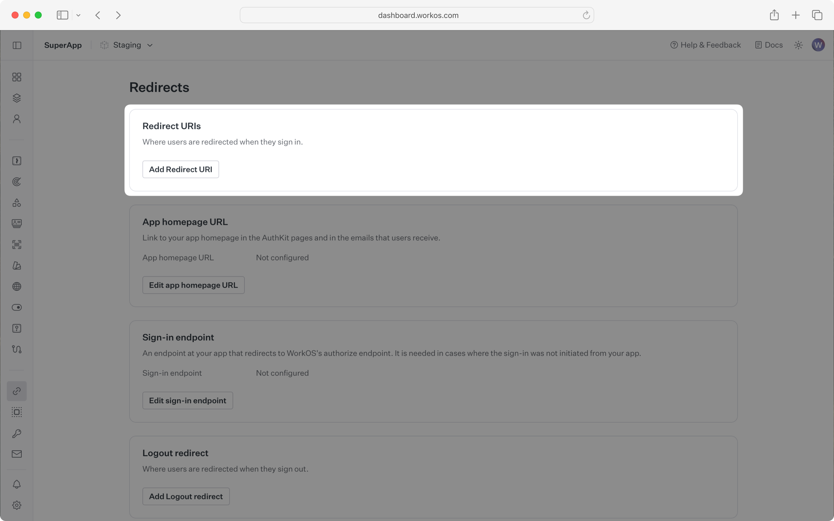 Dashboard redirect URI