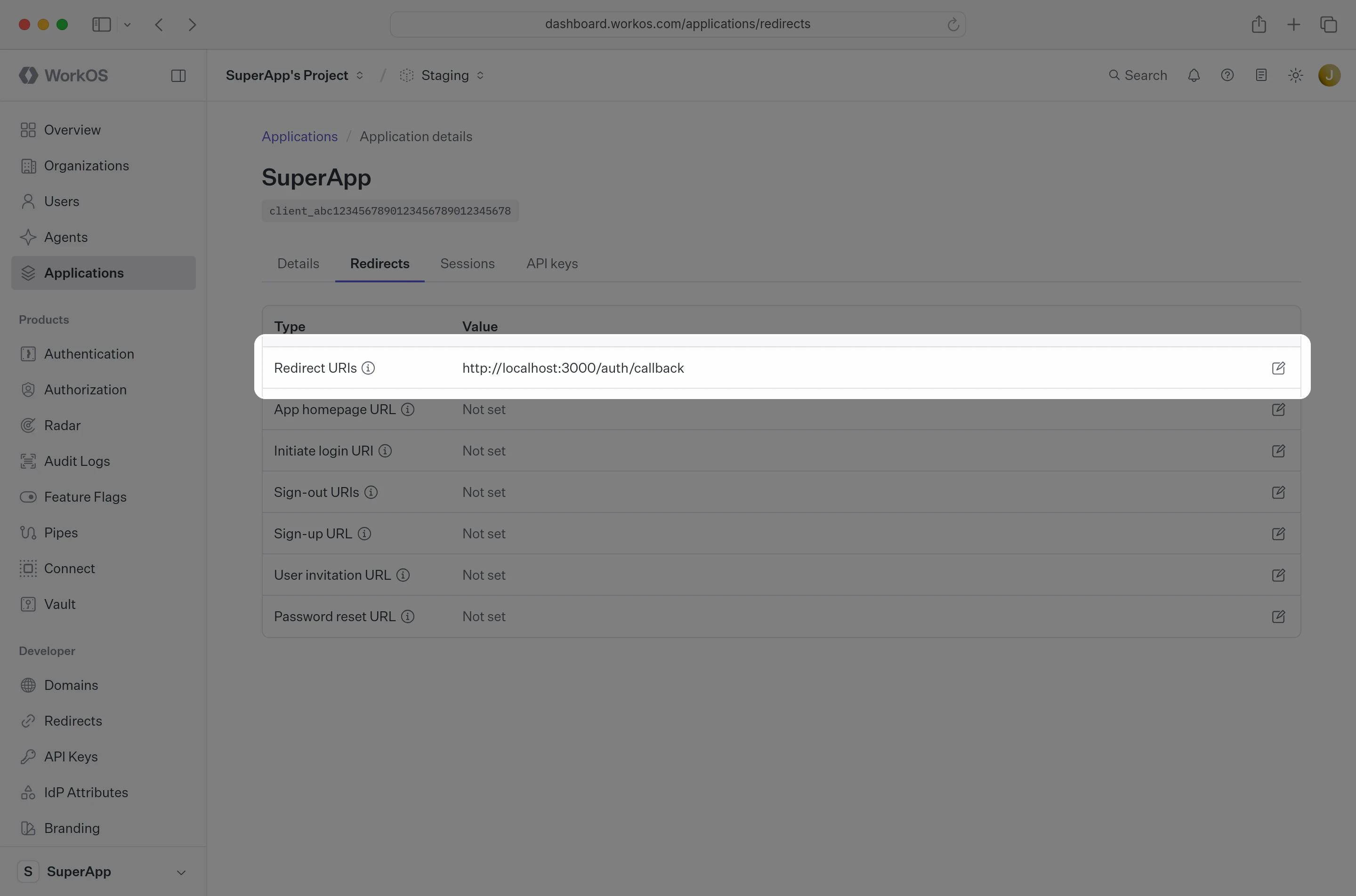 Dashboard redirect URI