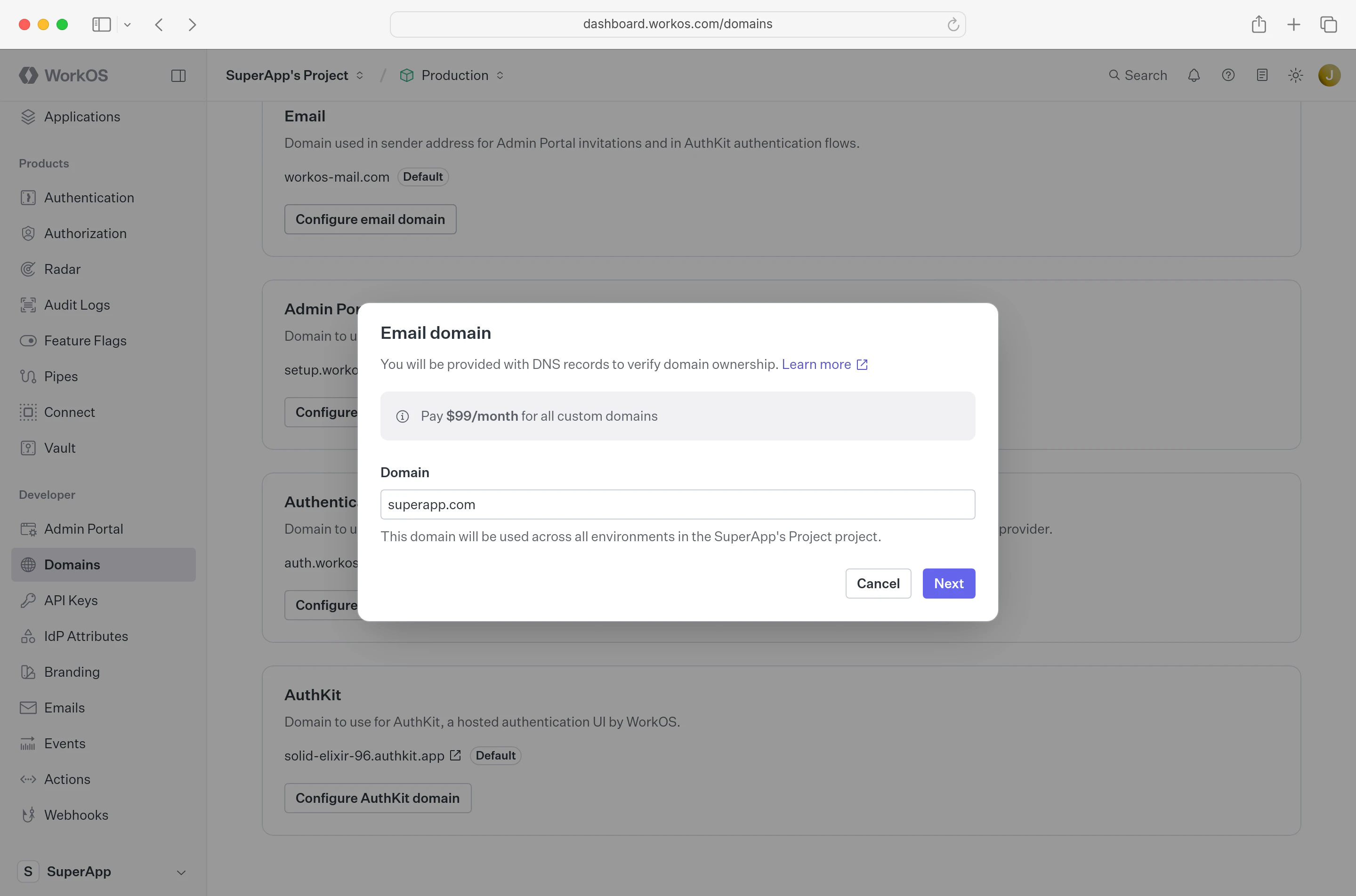 Dashboard displaying a domain entry input