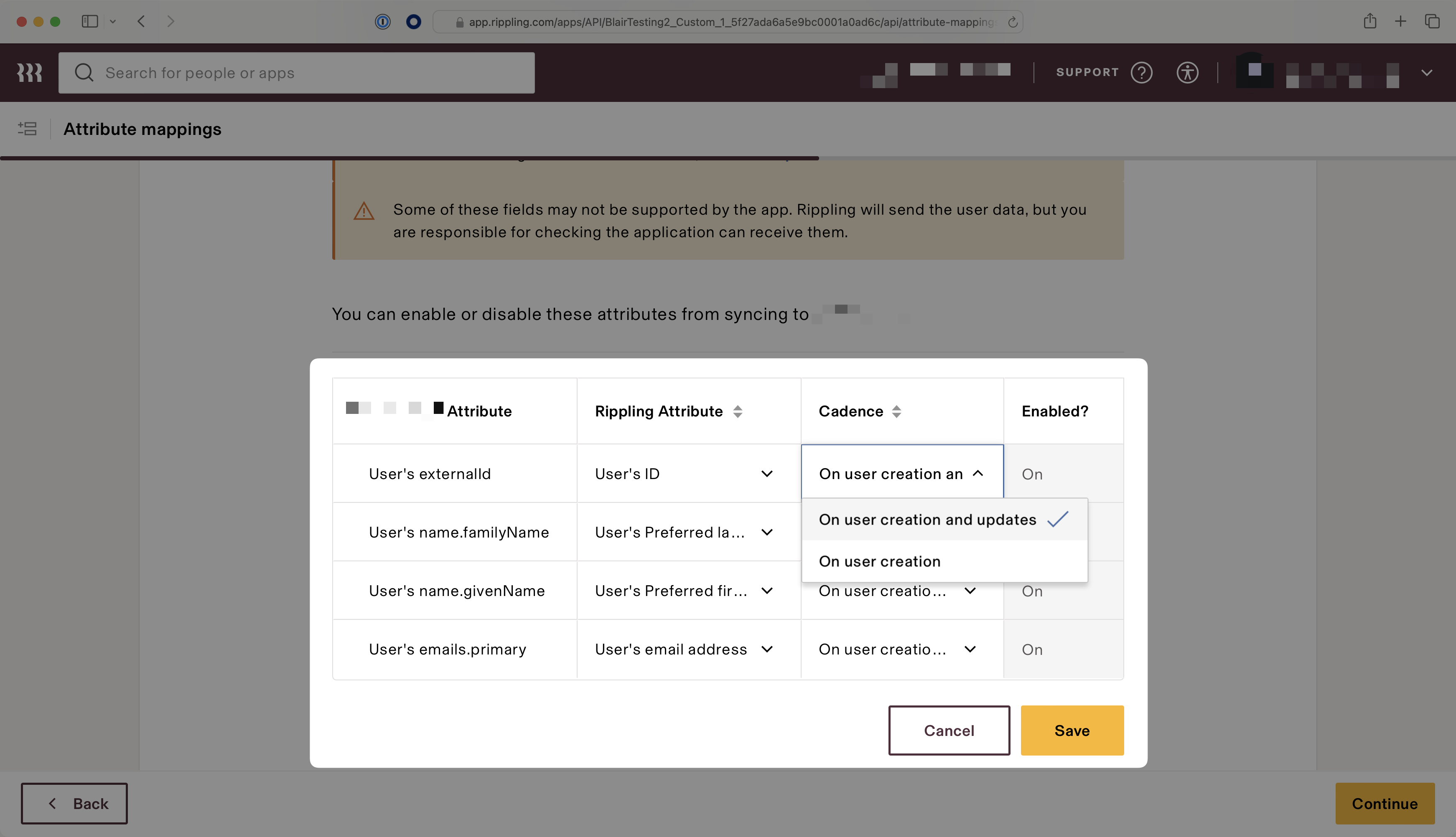 A screenshot showing where to ensure that all attributes are enabled in Rippling.