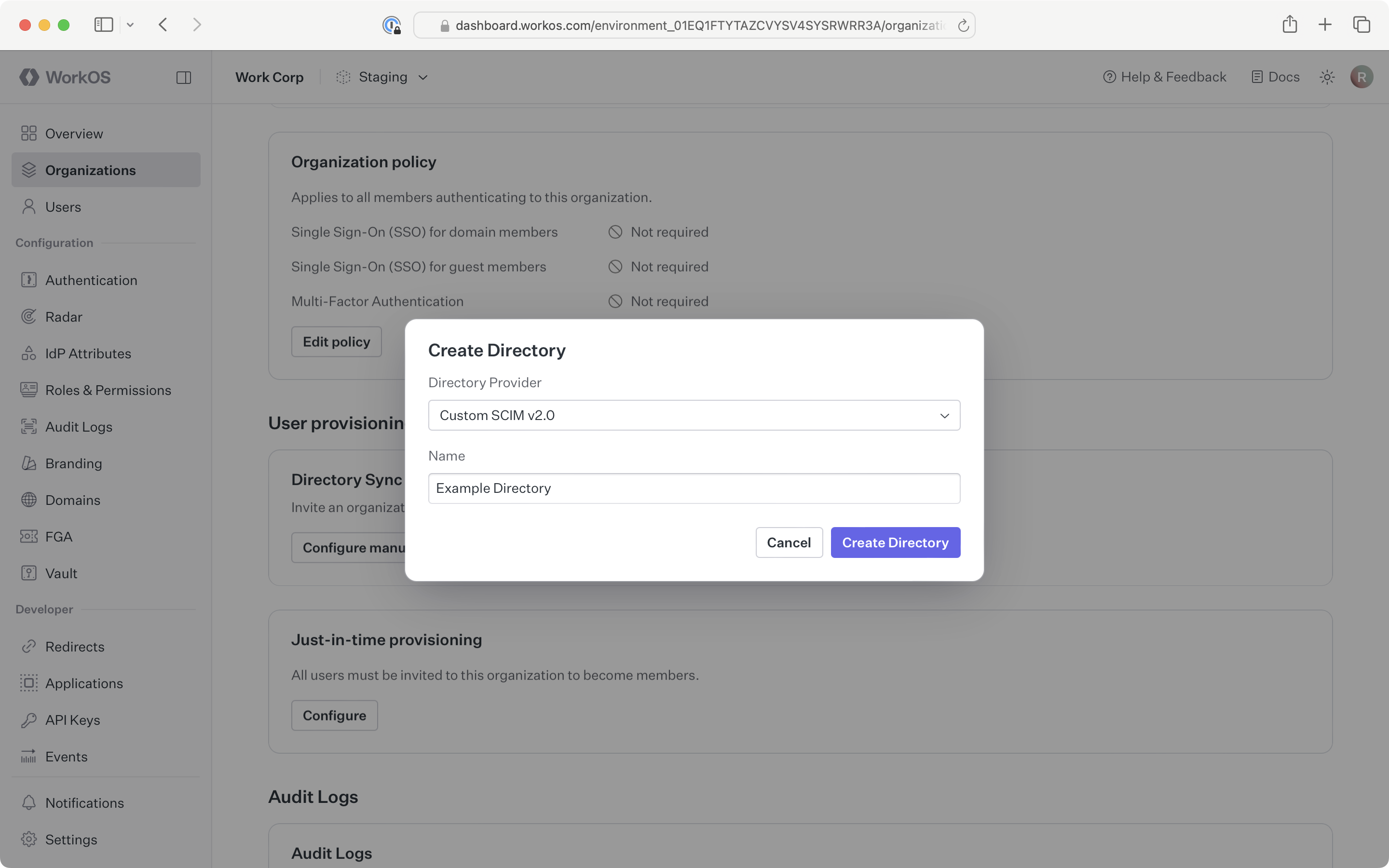The WorkOS Dashboard with a create directory dialog showing directory type and name inputs