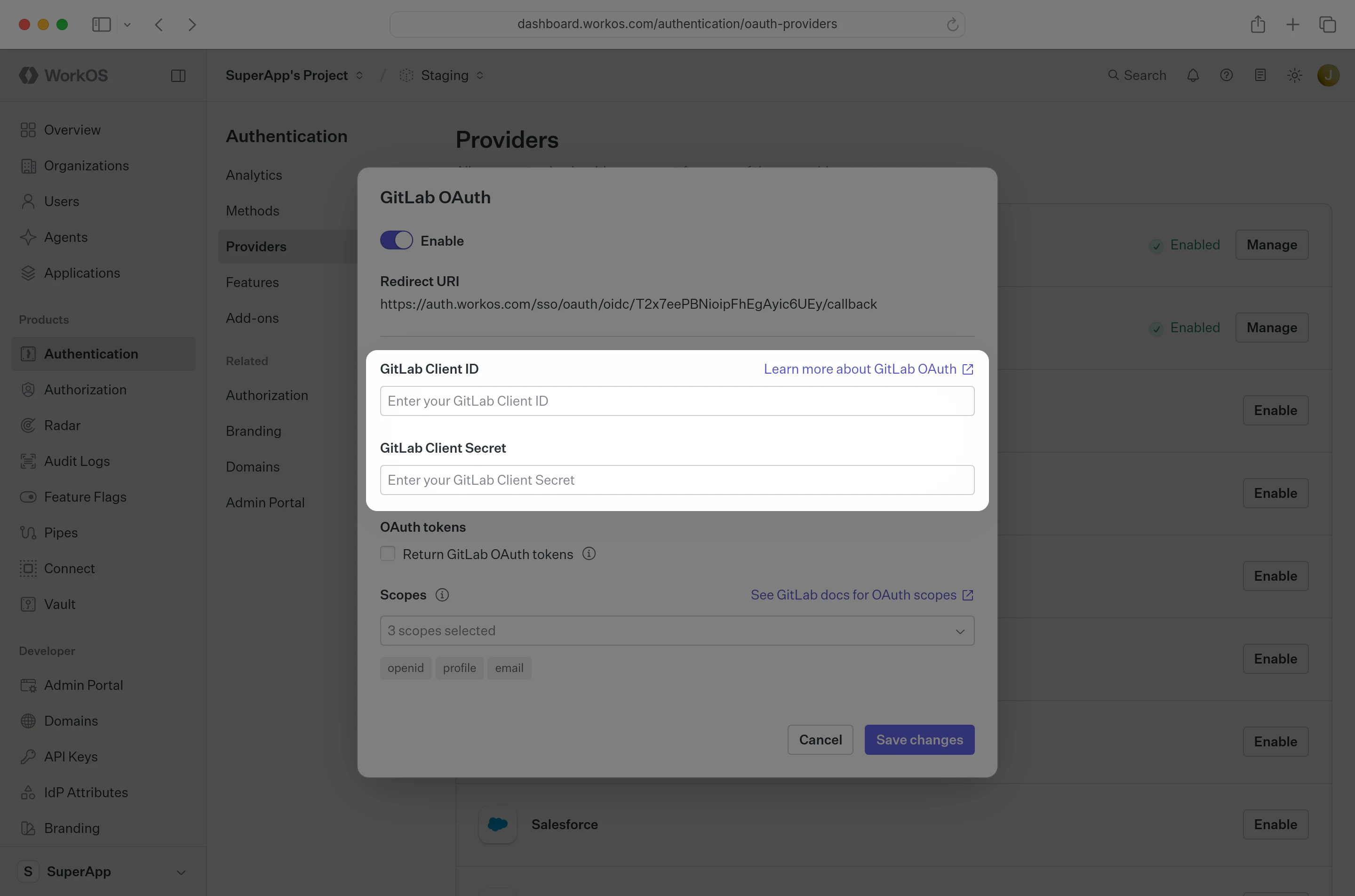 Where to enter GitLab client credentials in the WorkOS dashboard.