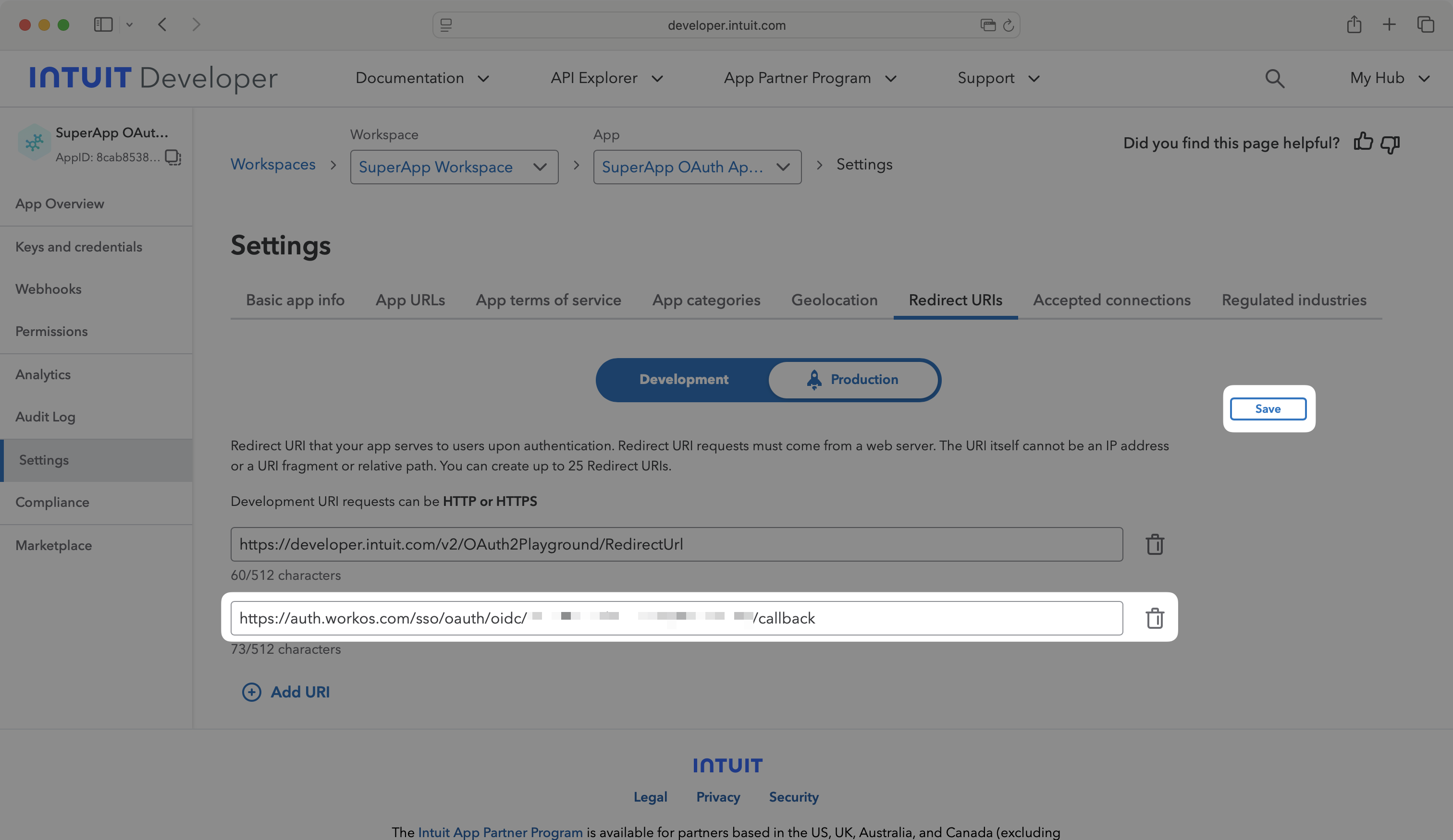 Configure Redirect URI for Intuit App - 2